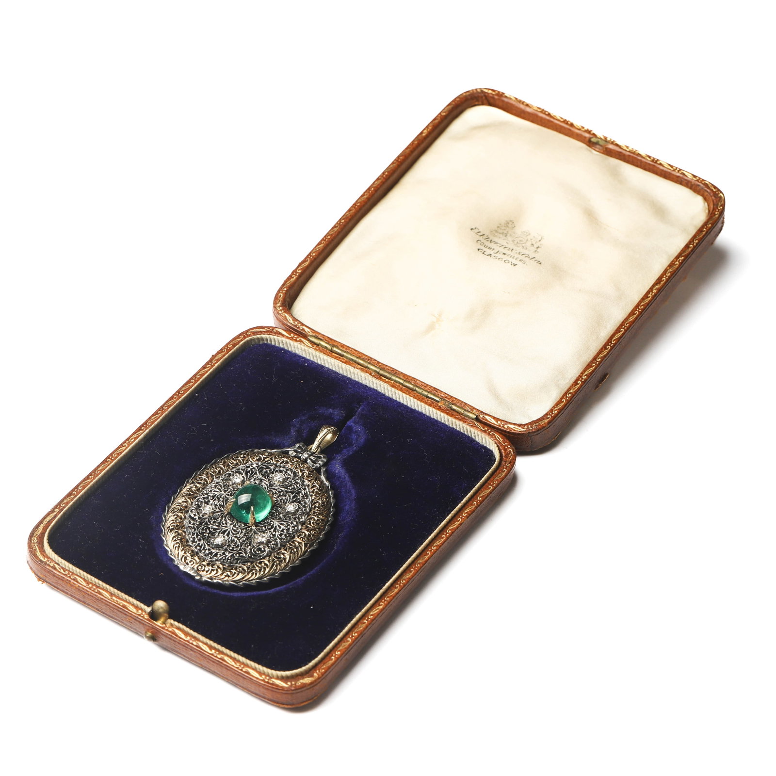 MUSEUM QUALITY, NAPOLEON III PERIOD (1852???870), GOLD AND SILVER OPENWORK EMERALD AND DIAMOND: Dimensions Height: 2 7/16 in. (6.2 cm), Width: 1 9/16 in. (3.9 cm)Weight19.42 g Description A museum-quality French vinaigrette pendant from the Napoleon III period, representing the pinnacle of 19th-