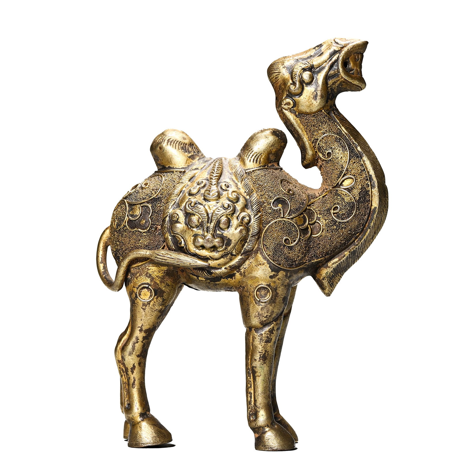 A GILT-BRONZE FIGURE OF A CAMEL, POSSIBLY TIBET, 18TH???9TH CENTURY: Dimensions:?Height: 4 3/4 in. (12 cm), Length: 3 1/2 in. (9 cm)