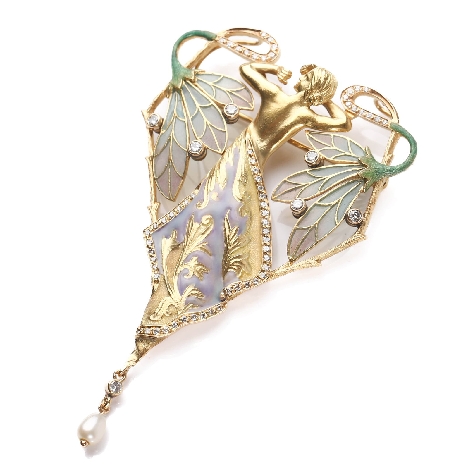 AN ART NOUVEAU GOLD, ENAMEL, DIAMOND AND PEARL BROOCH, SIGNED CARRERA Y CARRERA - 4