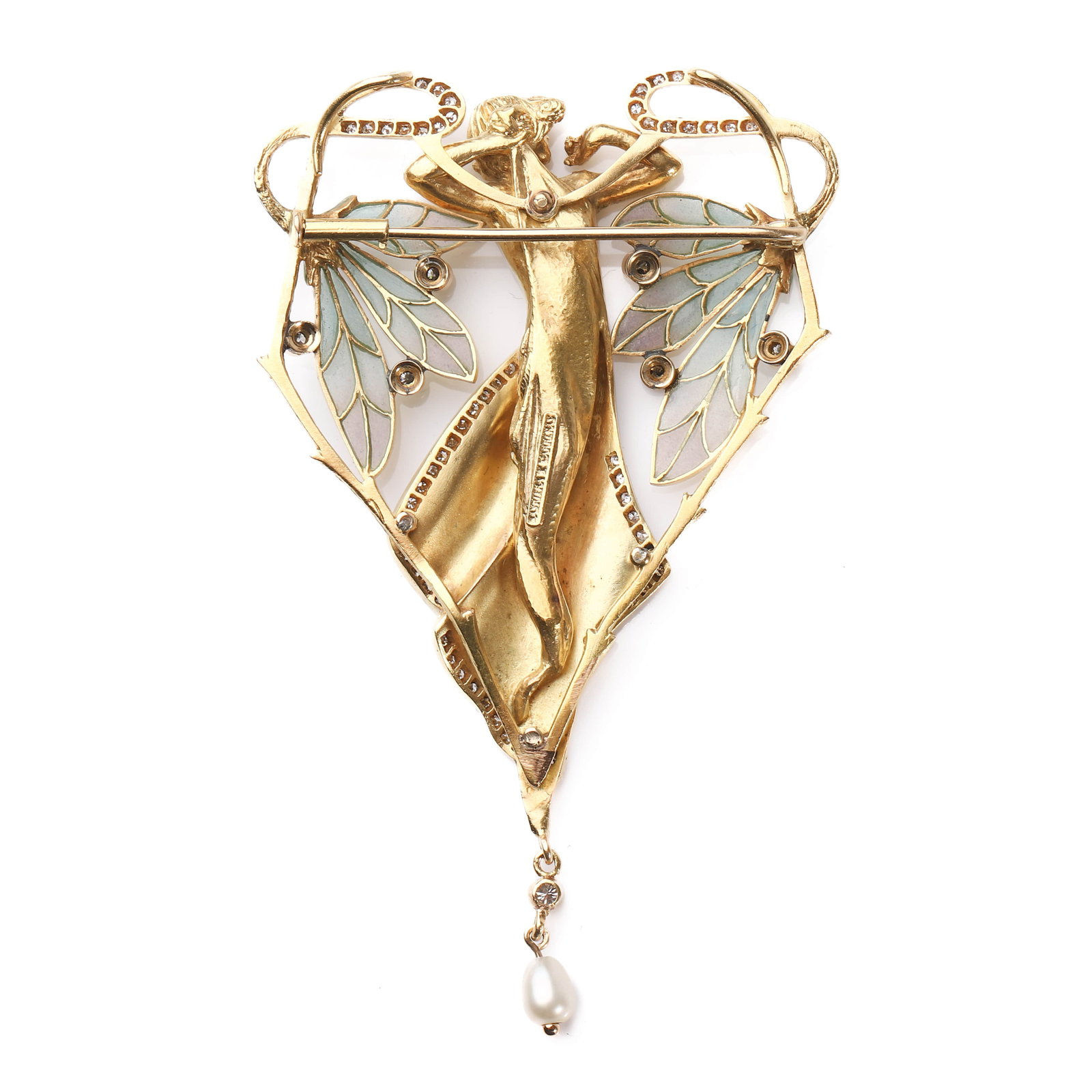AN ART NOUVEAU GOLD, ENAMEL, DIAMOND AND PEARL BROOCH, SIGNED CARRERA Y CARRERA - 5