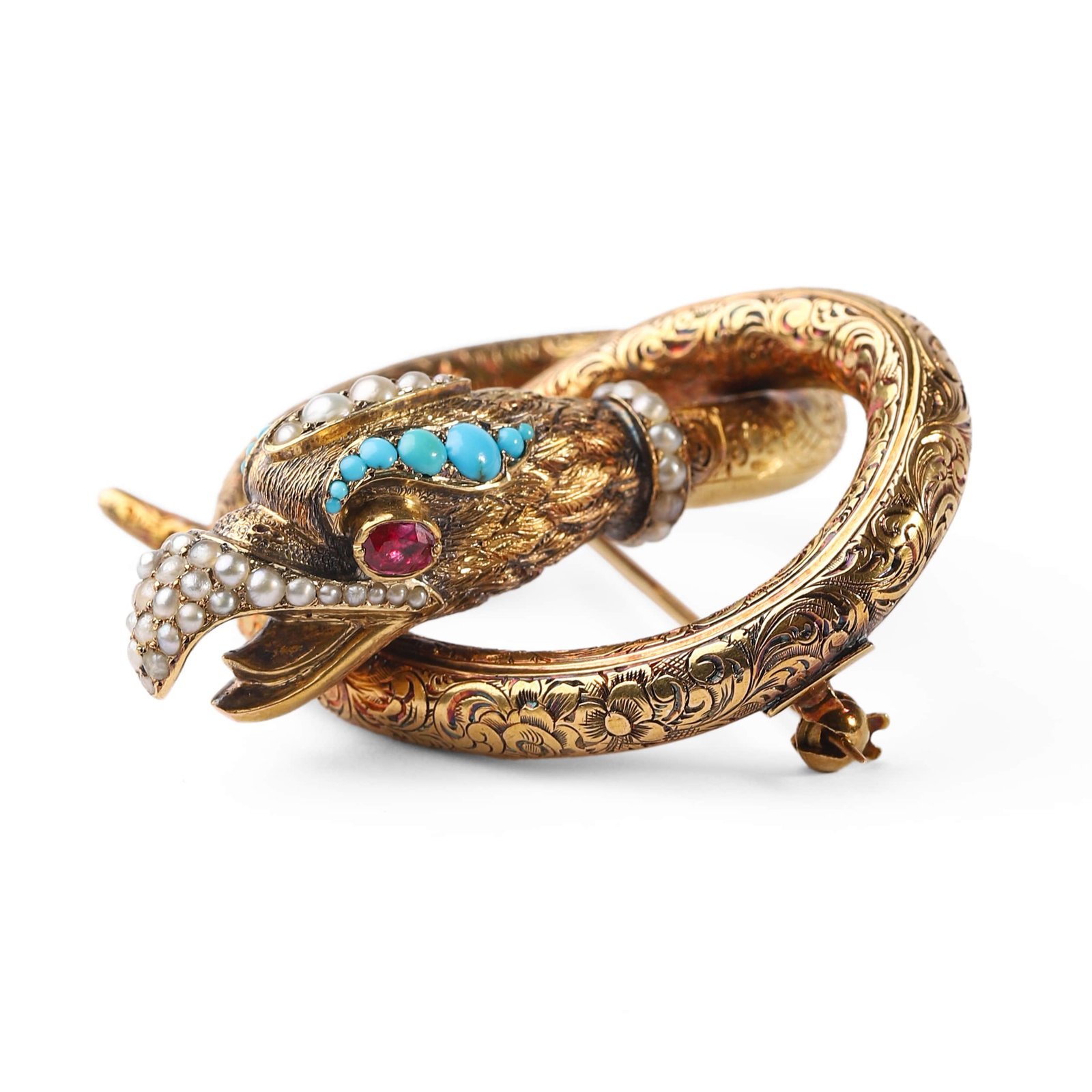 A BRITISH GEORGE PERIOD HIGH-KARAT GOLD, PEARL, TURQUOISE AND RUBY BROOCH, ARISTOCRATIC COMMISSION - 2