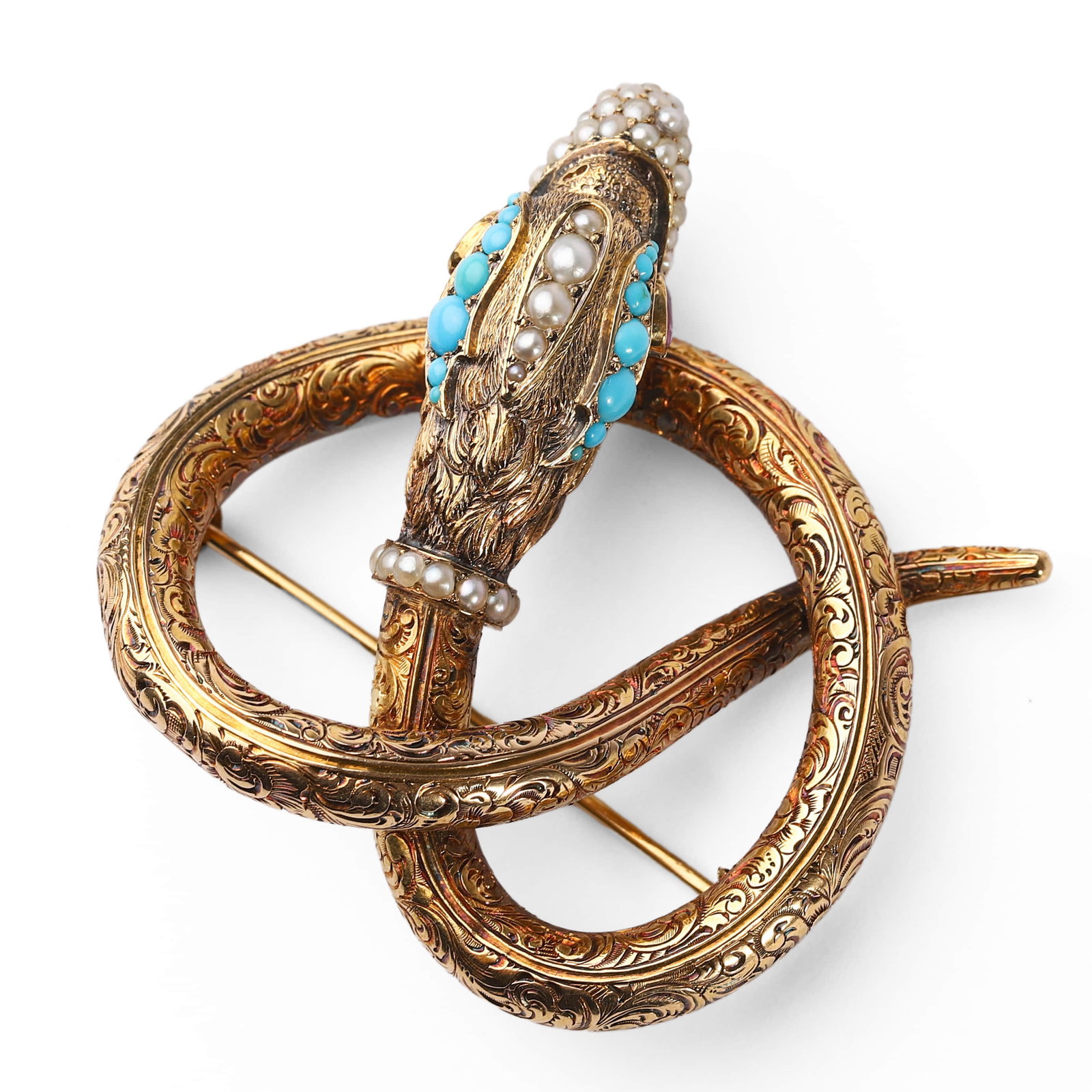 A BRITISH GEORGE PERIOD HIGH-KARAT GOLD, PEARL, TURQUOISE AND RUBY BROOCH, ARISTOCRATIC COMMISSION - 3