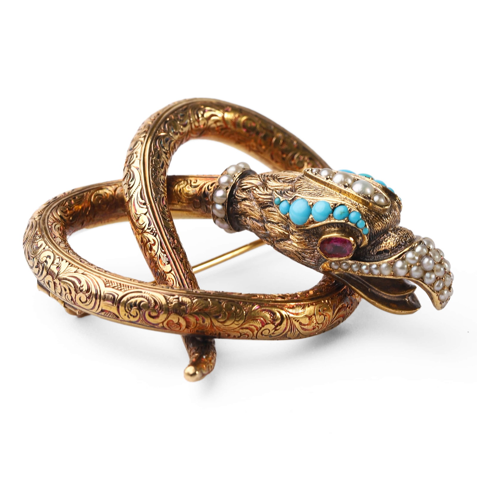 A BRITISH GEORGE PERIOD HIGH-KARAT GOLD, PEARL, TURQUOISE AND RUBY BROOCH, ARISTOCRATIC COMMISSION - 4