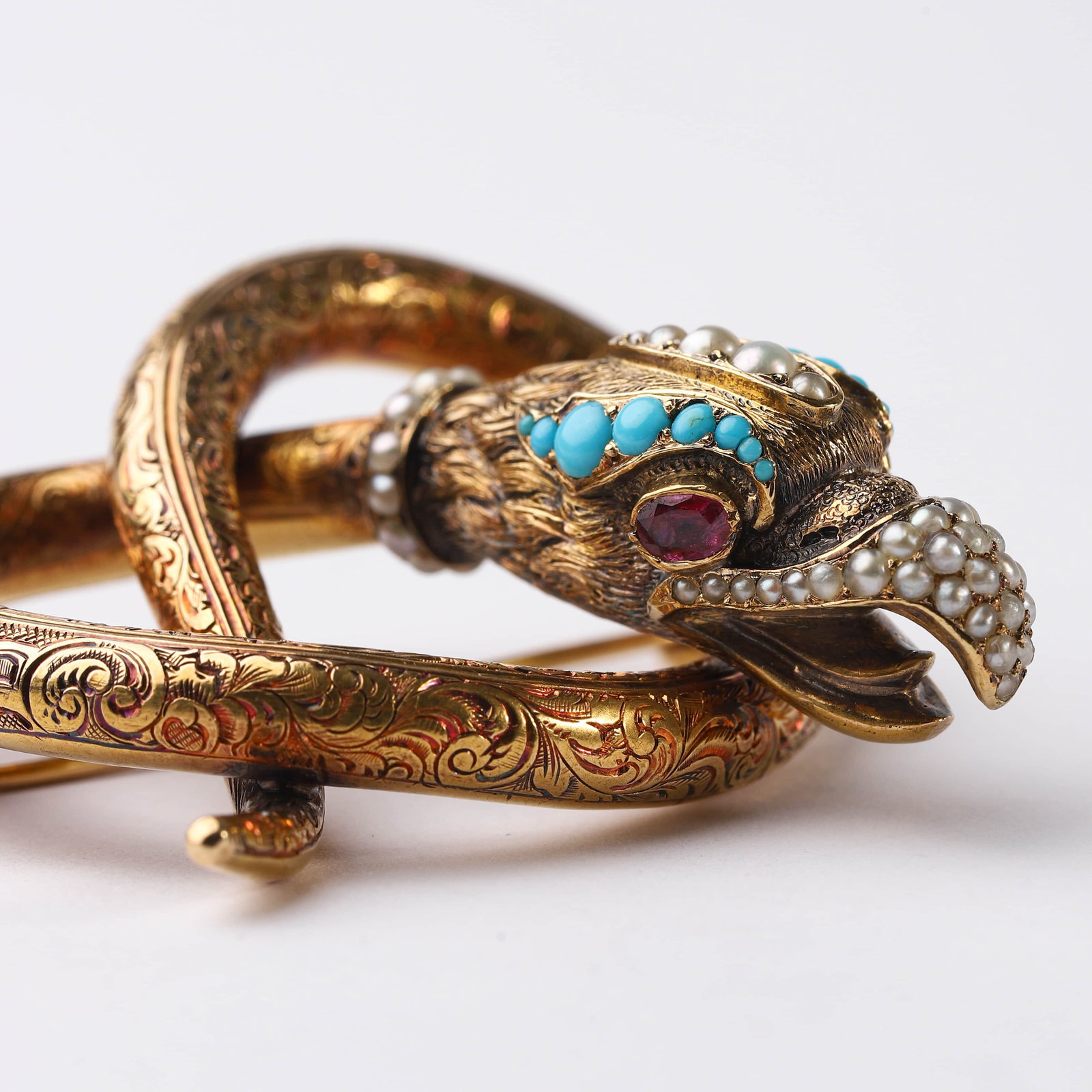 A BRITISH GEORGE PERIOD HIGH-KARAT GOLD, PEARL, TURQUOISE AND RUBY BROOCH, ARISTOCRATIC COMMISSION - 5