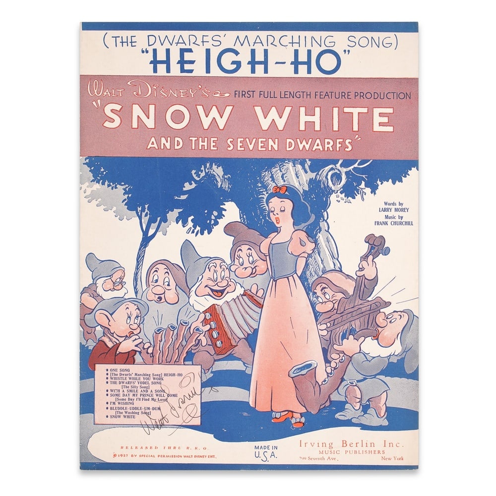 WALT DISNEY SIGNED "SNOW WHITE 'HEIGH-HO'" SHEET MUSIC: 12 1/8 x 9 1/8 in (30.6 x 23 cm) Provenance and Authentication: This collectible has undergone a rigorous forensic evaluation. The signatures were carefully analyzed across multiple criteria,