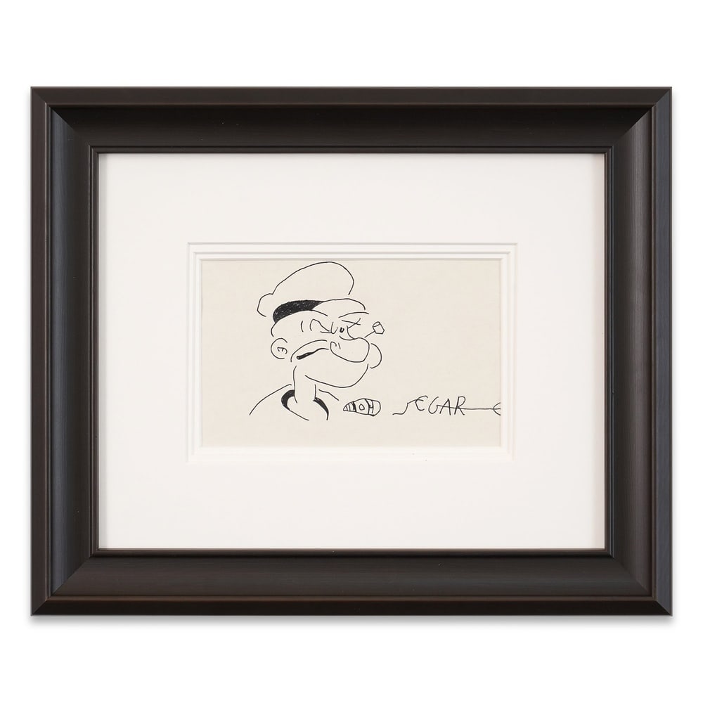 ELZIE CRISLER SEGAR SIGNED POPEYE SKETCH: Image Dimensions: 8 1/2 x 5 3/8 in (21.5 x 13.5 cm) Framed Dimensions: 18 1/4 x 15 1/8 in (46.5 x 38.5 cm) Provenance and Authentication: This collectible has undergone a rigorous forensic