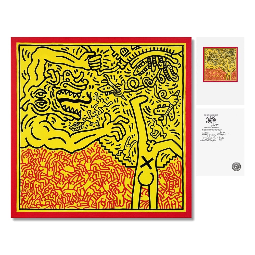 KEITH HARING (1958-1990), ATTRIBUTED TO, ACRYLIC ON CANVAS: Signed (verso) Image Dimensions: 40 1/8 x 40 1/8 in (102 x 102 cm) This painting comes with coa. Keith Haring stands as one of the most influential visual voices of the late twentieth century. Rising