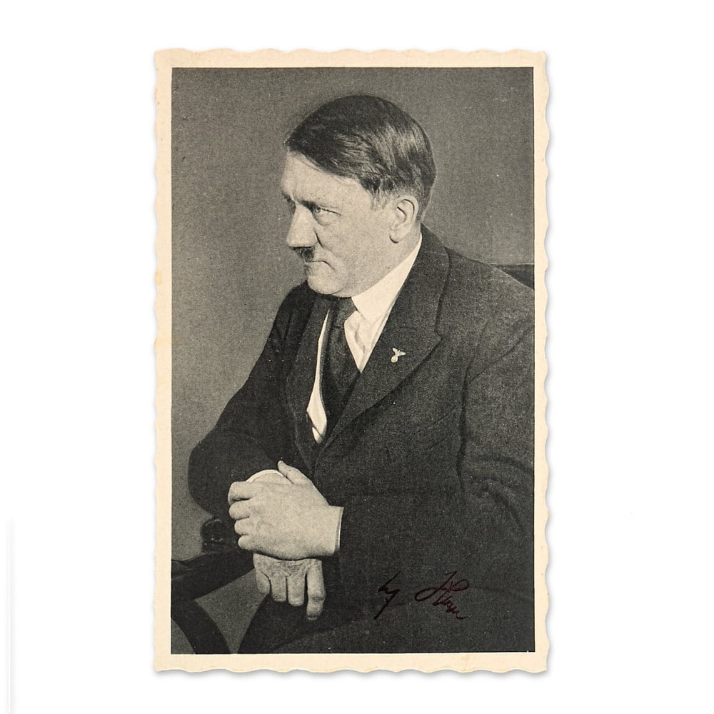 ADOLF HITLER SIGNED PHOTOGRAPHIC POSTCARD: 5 1/8 x 3 1/8 in (13 x 8 cm) Provenance and Authentication: This collectible has undergone a rigorous forensic evaluation. The signatures were carefully analyzed across multiple criteria, including