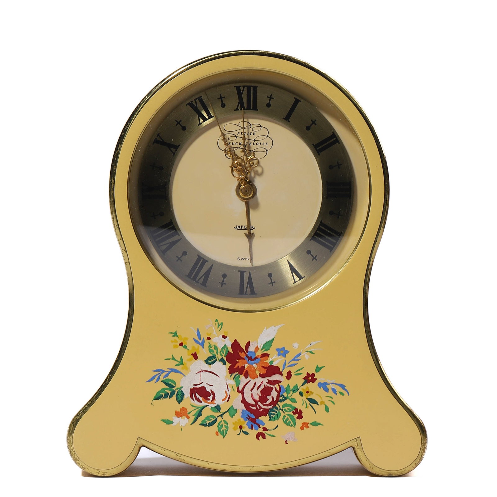 JAEGER-LECOULTRE PAINTED YELLOW MANTEL CLOCK: length: 4 5/16 in (11 cm); height: 4 15/16 in (12.5 cm) A Swiss-made Jaeger-LeCoultre mantel clock featuring a charming yellow painted finish with hand-painted floral decoration. The clock showcases R