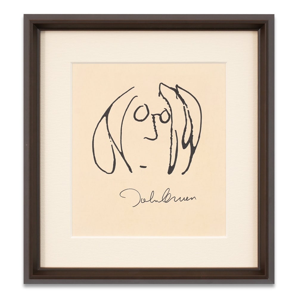 JOHN LENNON, SIGNED SELF-PORTRAIT DRAWING: Image Dimensions: 10 1/4 x 9 1/8 in (26 x 23 cm) Framed Dimensions: 16 1/8 x 15 in (41 x 38 cm) Provenance and Authentication: This lot is accompanied by supporting documentation provided by the