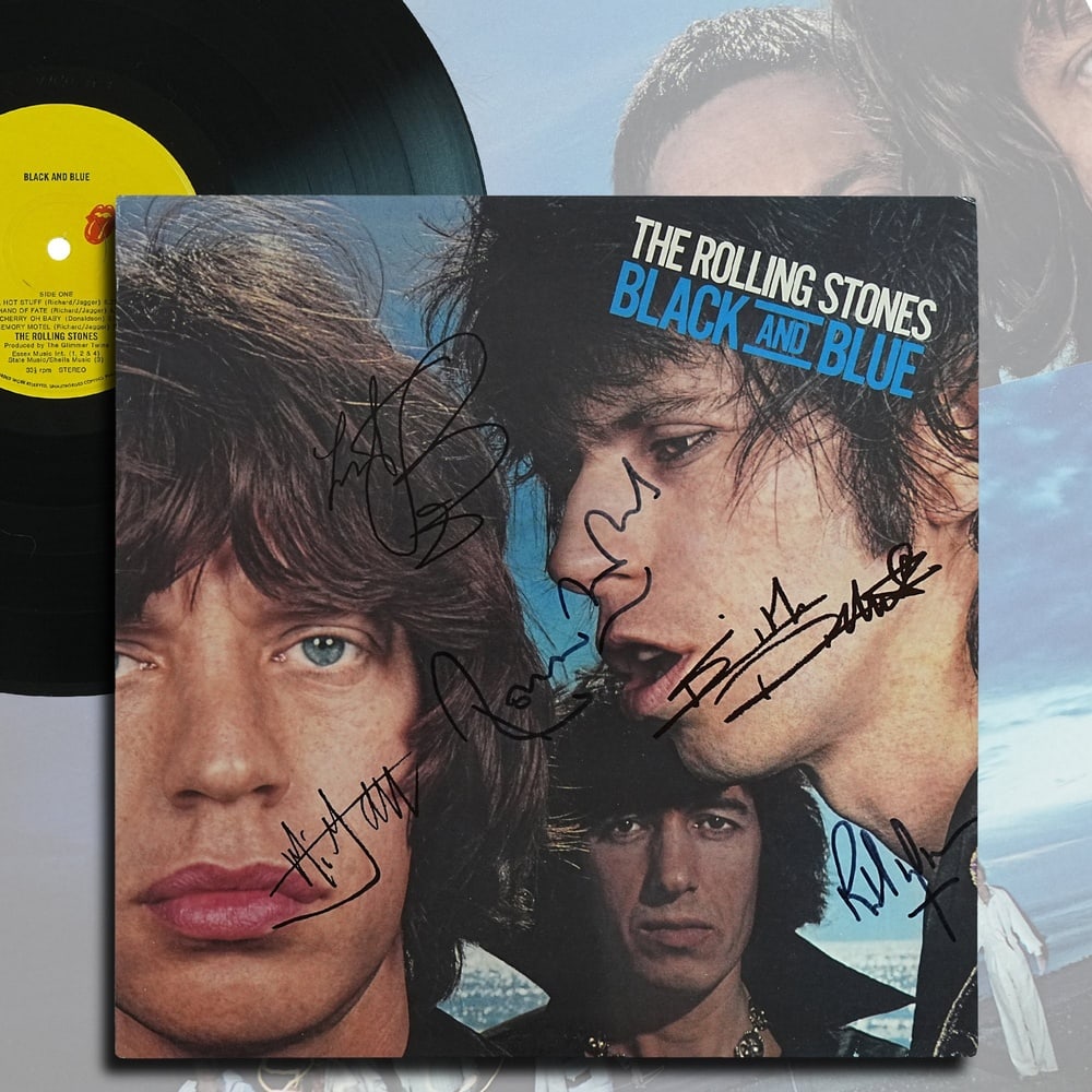 THE ROLLING STONES FULLY SIGNED "BLACK AND BLUE" LP: 12 1/4 x 12 1/4 in Provenance and Authentication: This lot is accompanied by supporting documentation provided by the consignor. According to the accompanying materials, the signature was reviewed wit