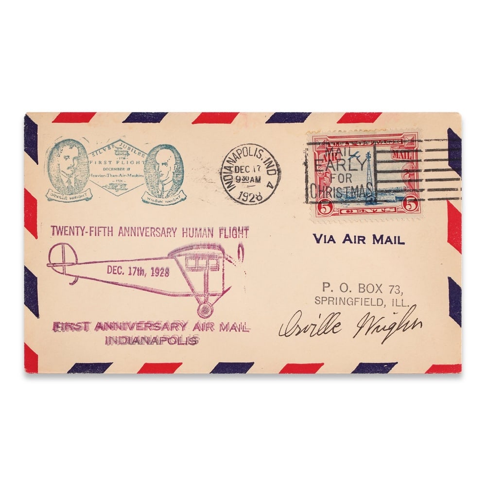 ORVILLE WRIGHT SIGNED FIRST ANNIVERSARY AIR MAIL COVER (1 of 2)