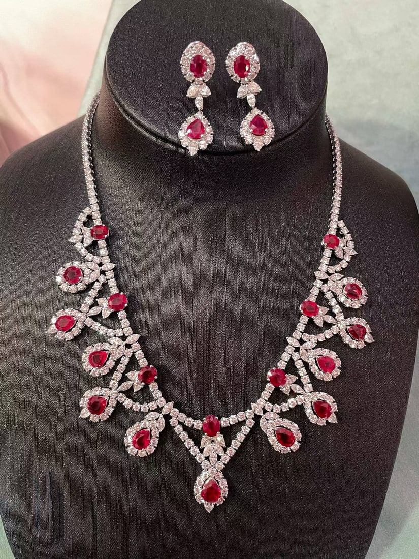 PIGEON BLOOD BURMESE RUBY DIAMOND NECKLACE EARRING SET (1 of 8)