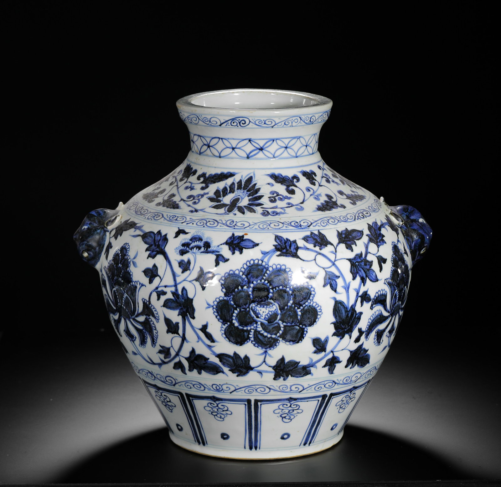 YUAN BLUE AND WHITE PORCELAIN JAR WITH ENTWINED PEONY PATTERNS AND ANIMAL EARS (1 of 12)