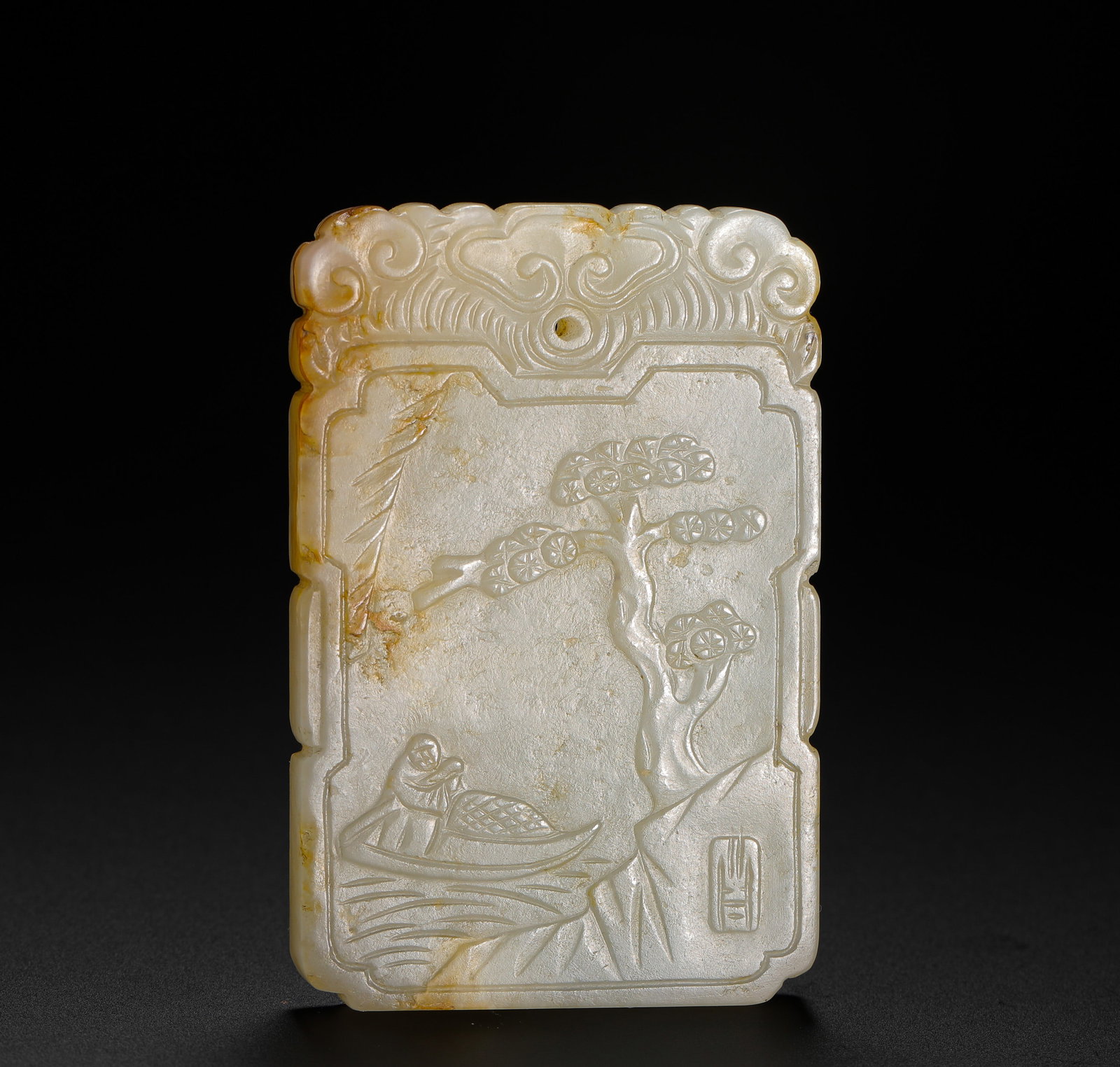 QING DYNASTY HETIAN JADE "EVENING SONG OF FISHING BOATS" PATTERNED SQUARE PLAQUE (1 of 9)