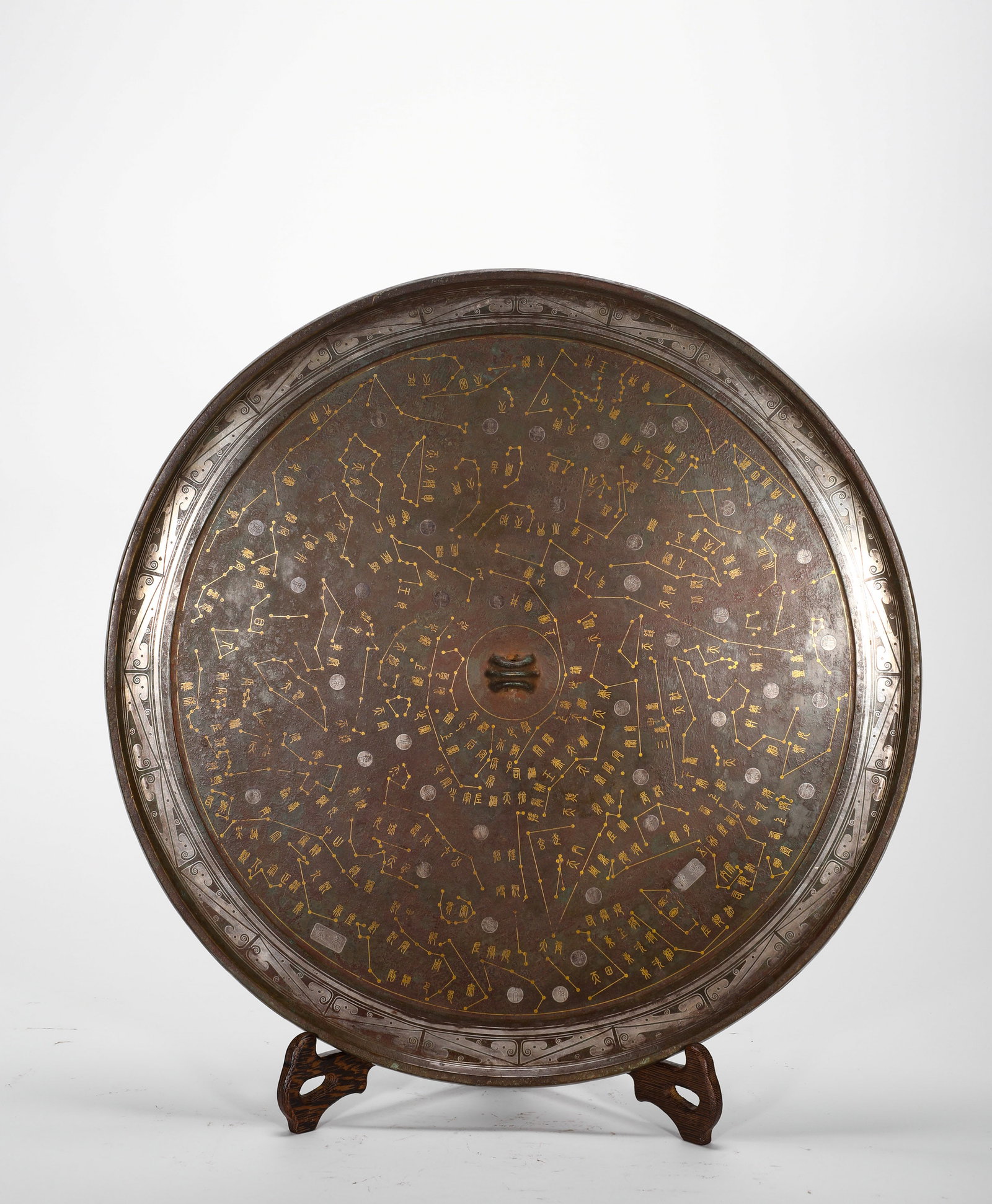 HAN DYNASTY COPPER INLAID GOLD AND SILVER ASTRONOMICAL AND ASTROLOGICAL PLATE MIRROR: D:39.5cm(15.55in)Weight:3950g(8.71lb)