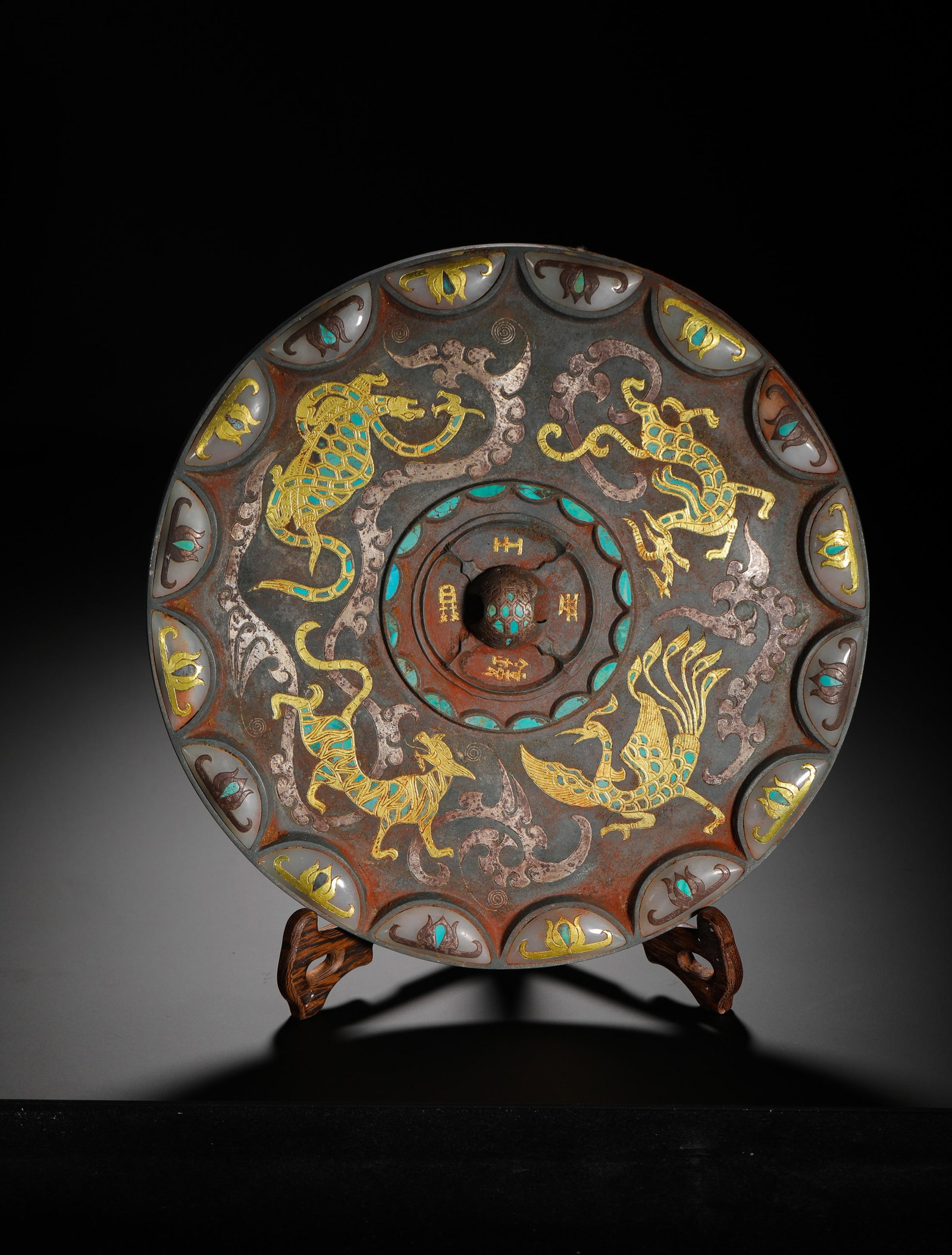 HAN DYNASTY INLAID GOLD AND SILVER INLAID TURQUOISE FOUR GODS BRONZE MIRROR (1 of 10)