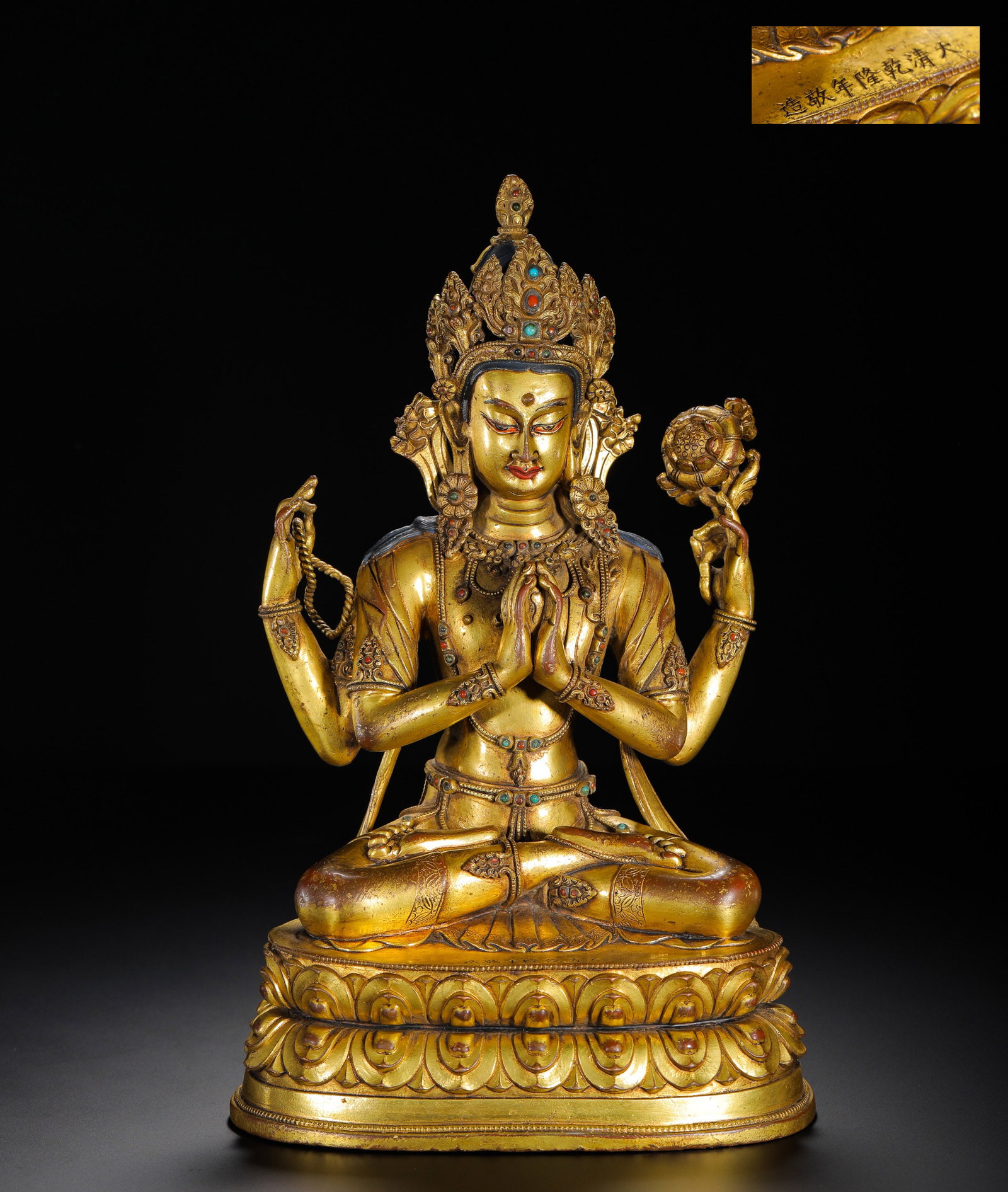 A GILDED BRONZE STATUE OF THE FOUR-ARMED GUANYIN IN THE QIANLONG PERIOD OF THE QING DYNASTY (1 of 12)