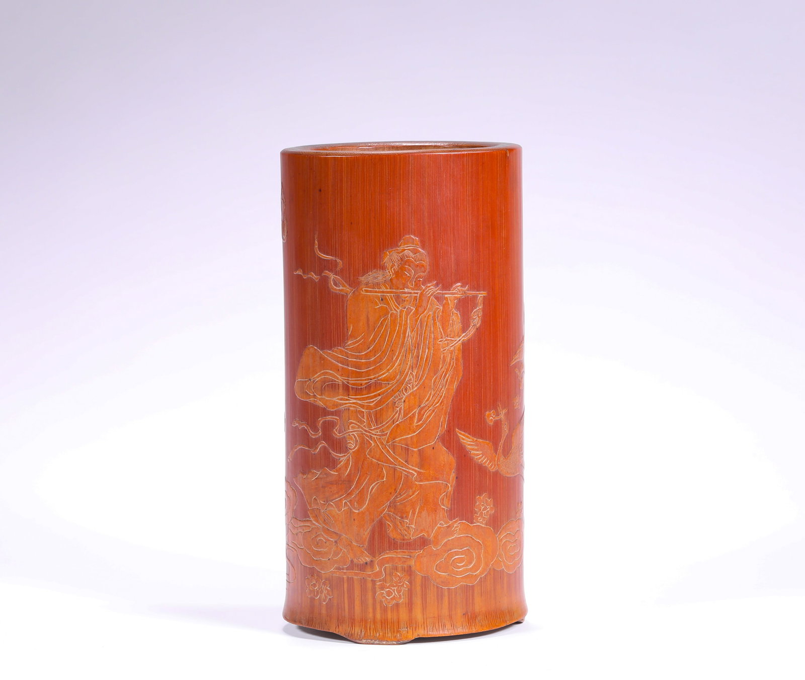 QING DYNASTY BAMBOO CARVING OF HAN XIANGZI PLAYING THE FLUTE PEN HOLDER (1 of 9)