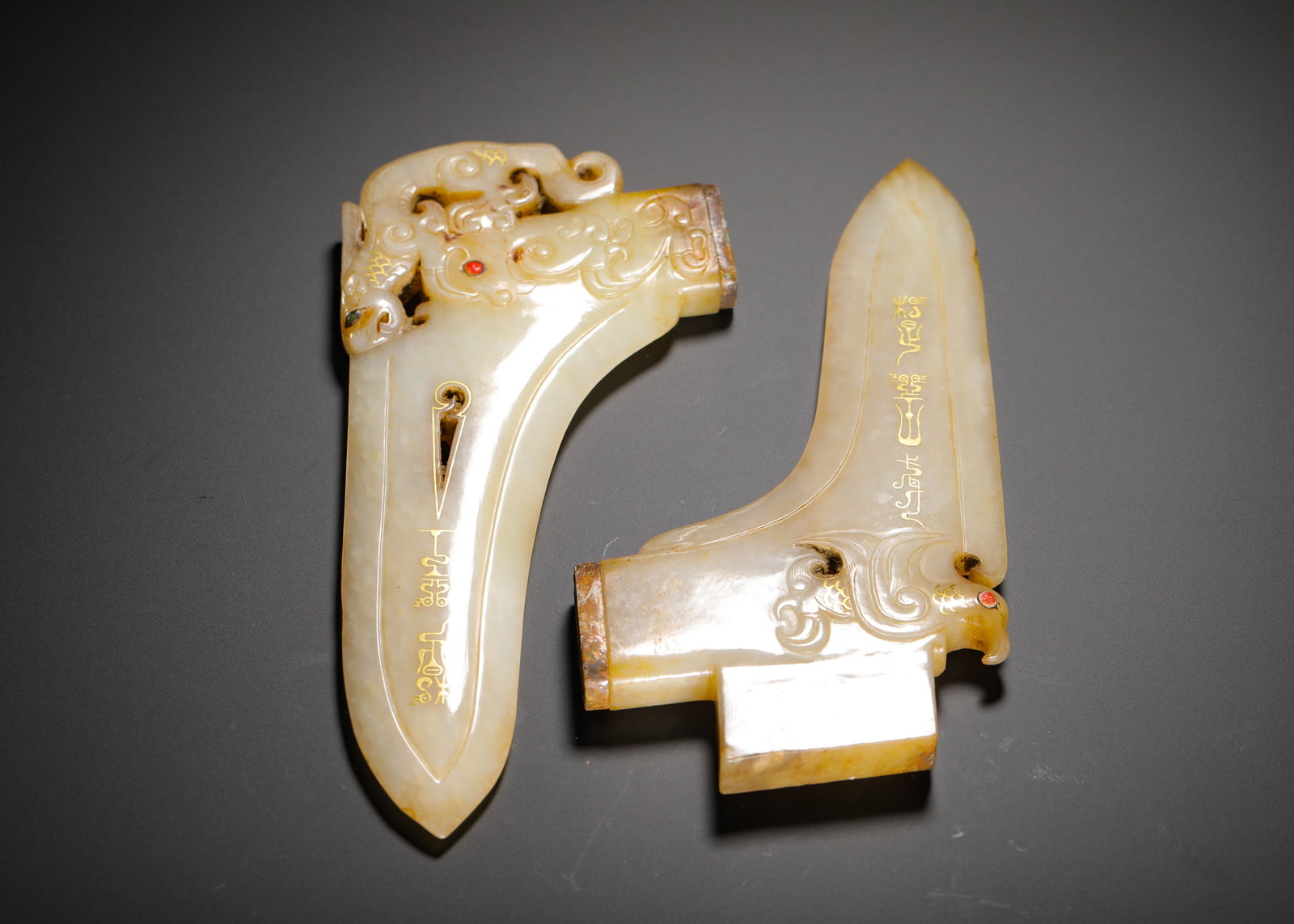HAN DYNASTY HETIAN WHITE JADE WITH GOLD INLAID WITH GEMSTONES AND DRAGON AND PHOENIX PATTERNS (1 of 13)