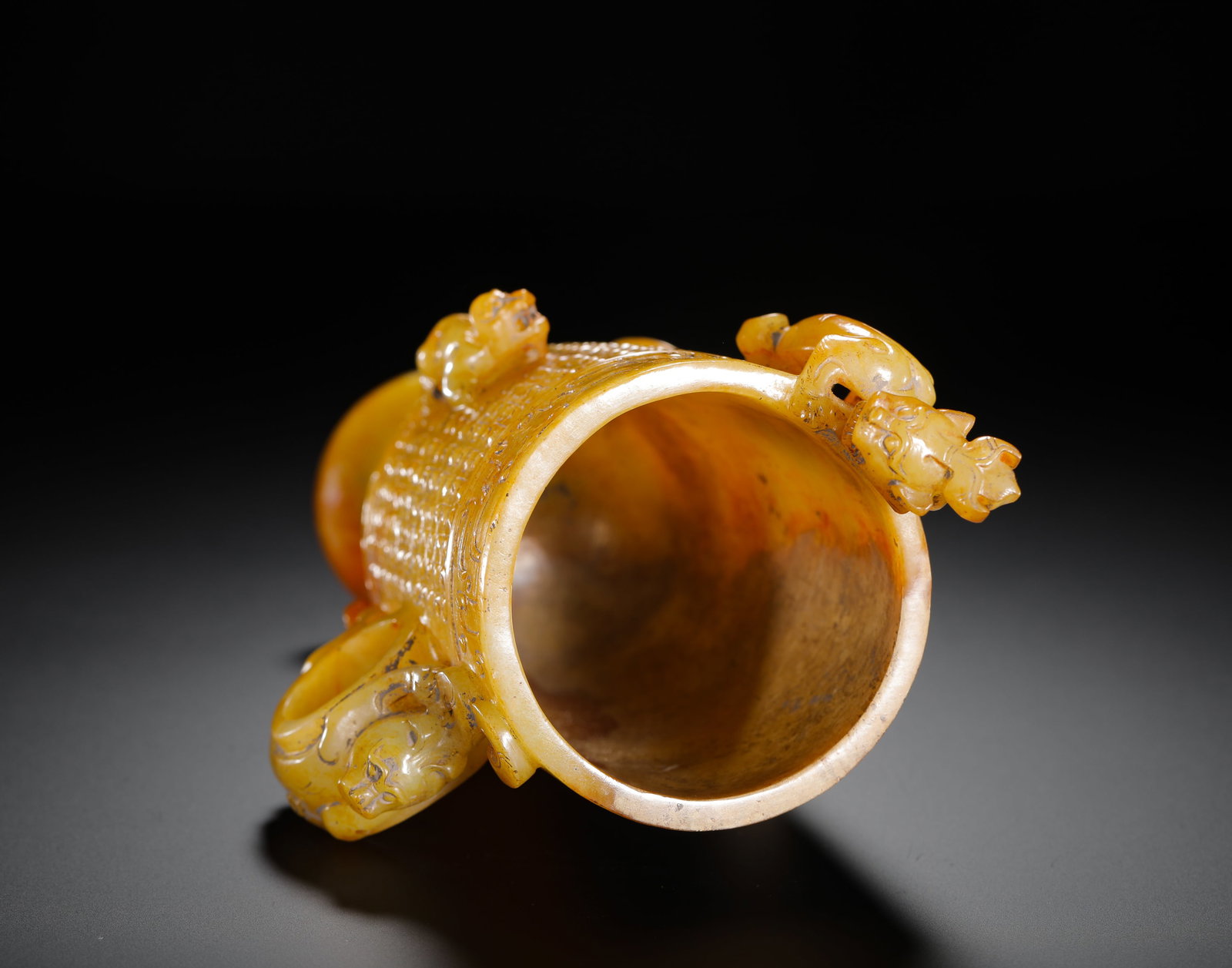 HAN DYNASTY HETIAN YELLOW JADE INTERLOCKING CLOUD PATTERN CHILONG EAR CUP - 10
