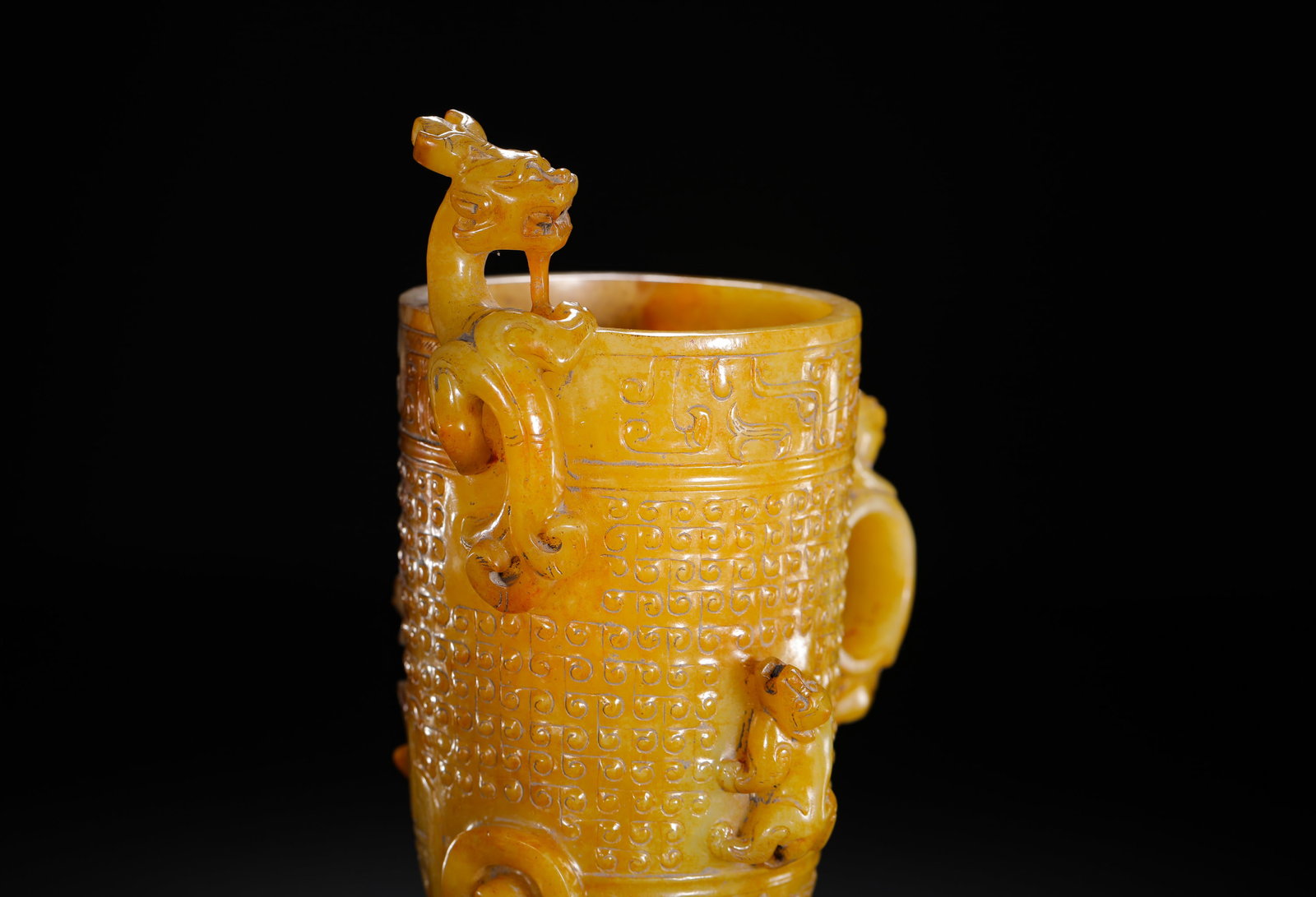 HAN DYNASTY HETIAN YELLOW JADE INTERLOCKING CLOUD PATTERN CHILONG EAR CUP - 5