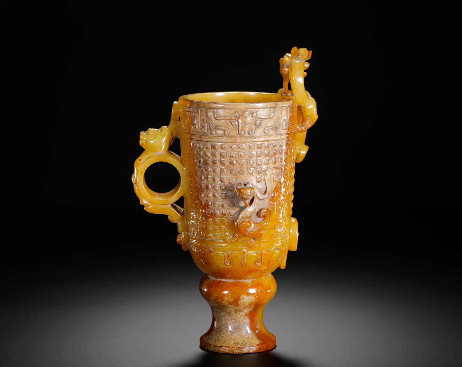HAN DYNASTY HETIAN YELLOW JADE INTERLOCKING CLOUD PATTERN CHILONG EAR CUP - 7