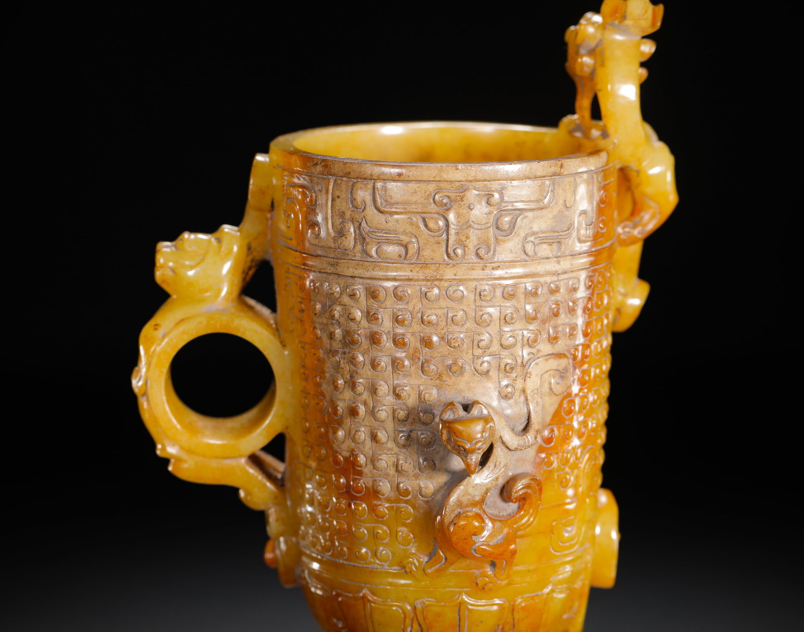 HAN DYNASTY HETIAN YELLOW JADE INTERLOCKING CLOUD PATTERN CHILONG EAR CUP - 8