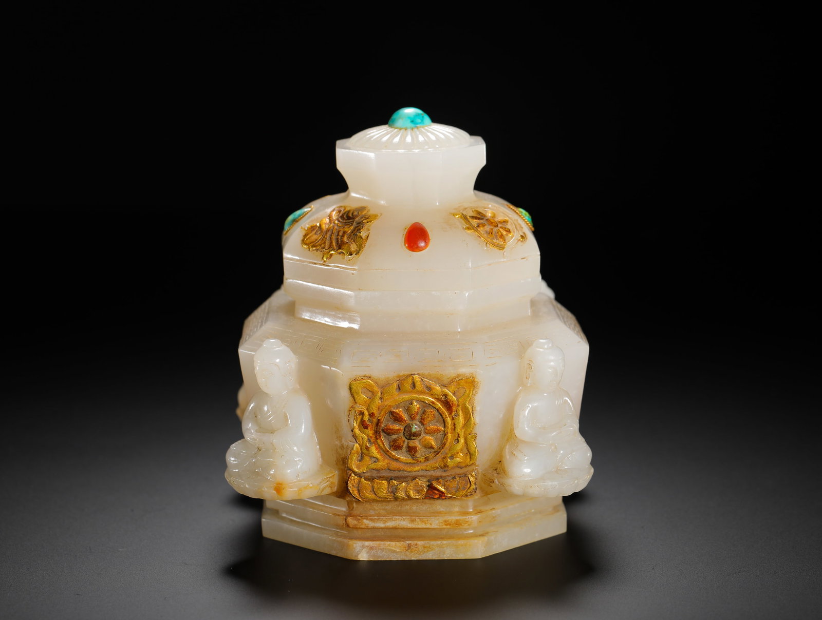 TANG DYNASTY HETIAN WHITE JADE GILDED AND INLAID PAGODA COVER BOX (1 of 10)