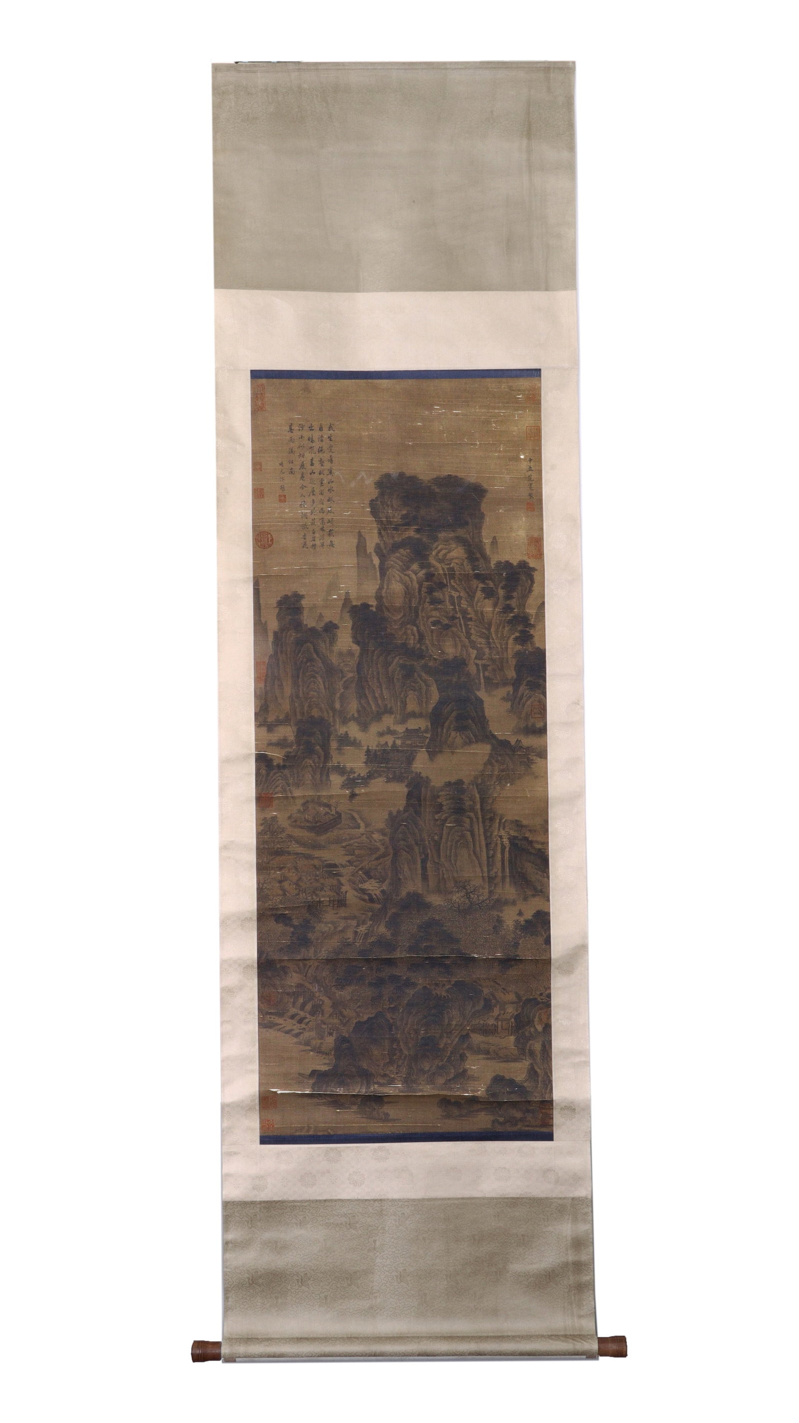 SONG FANKUAN'S PICTURE OF THE OVERLAPPING MOUNTAINS IS OLD AND SLIGHTLY BROKEN: W:50cm(19.69in) H:130cm(51.18in)