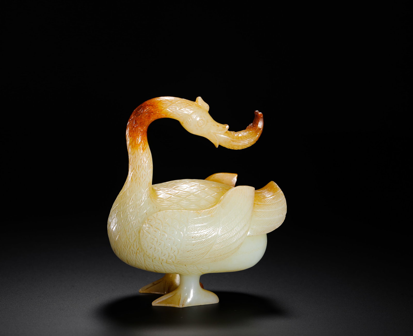 HAN DYNASTY HETIAN WHITE JADE WITH SKIN GOOSE HOLDING FISH (1 of 13)