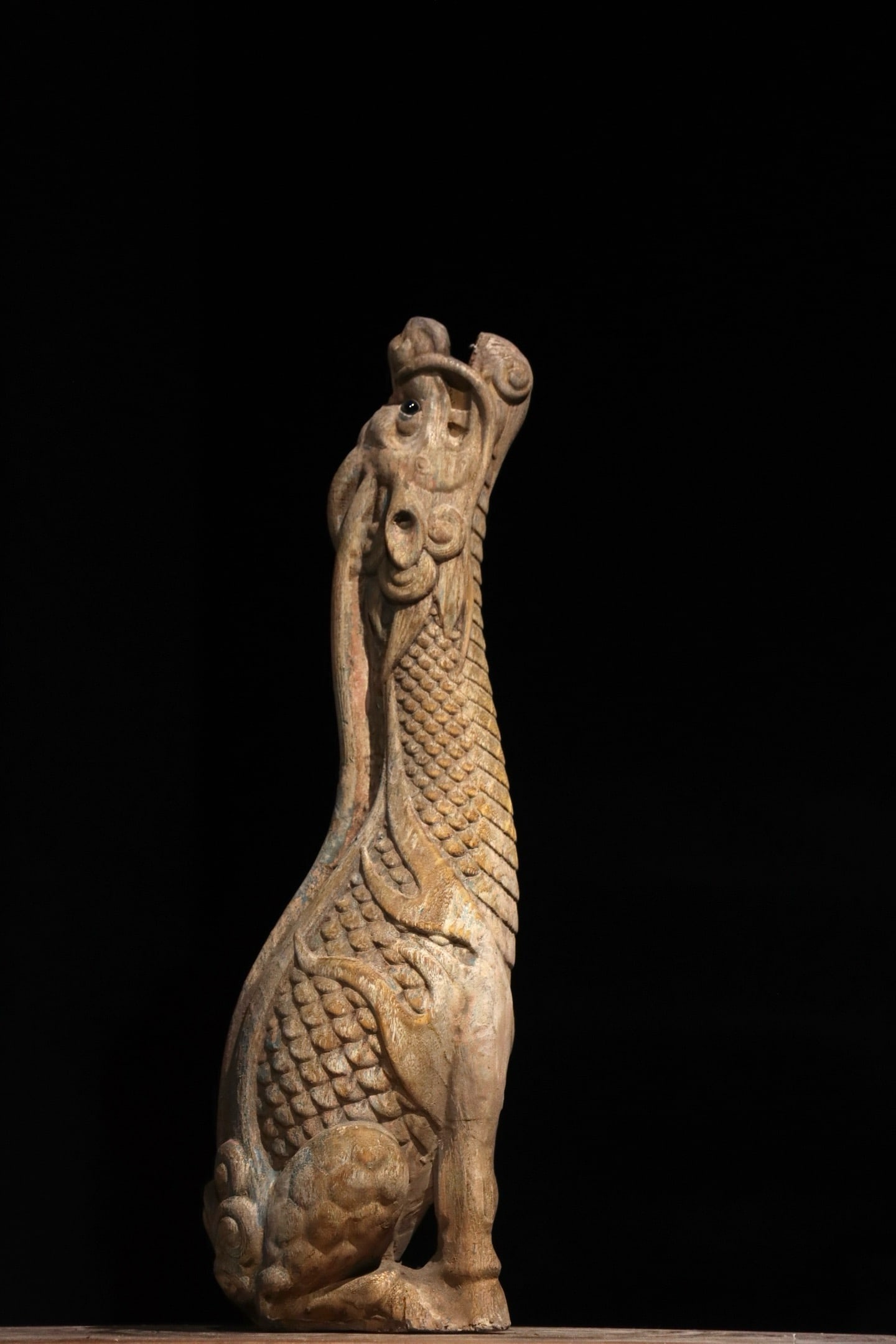 MING DYNASTY WOOD CARVING OF A ROARING LION: H:60CM