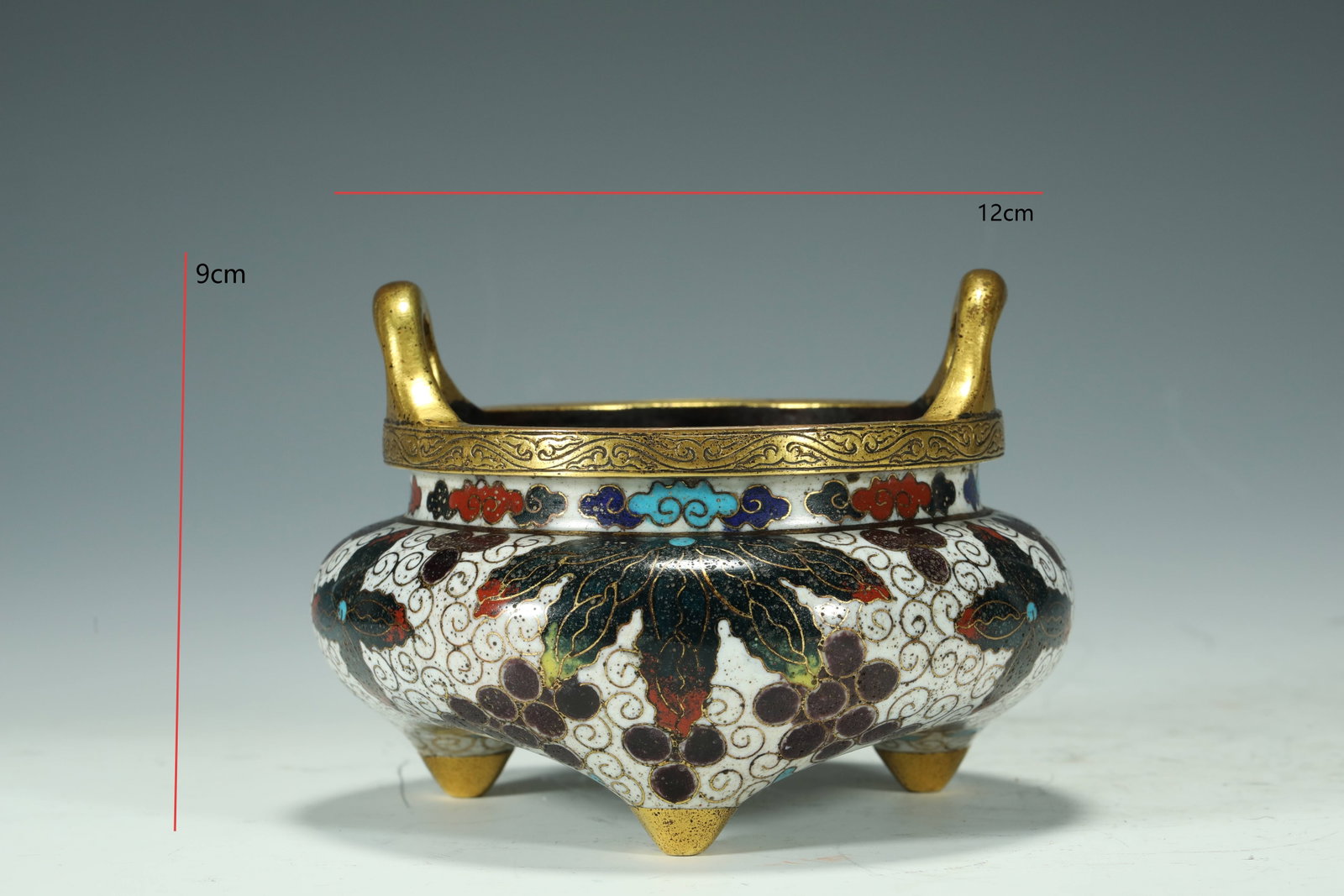 MING DYNASTY CLOISONNE GRAPE INCENSE BURNER: H:9CM L:12CM