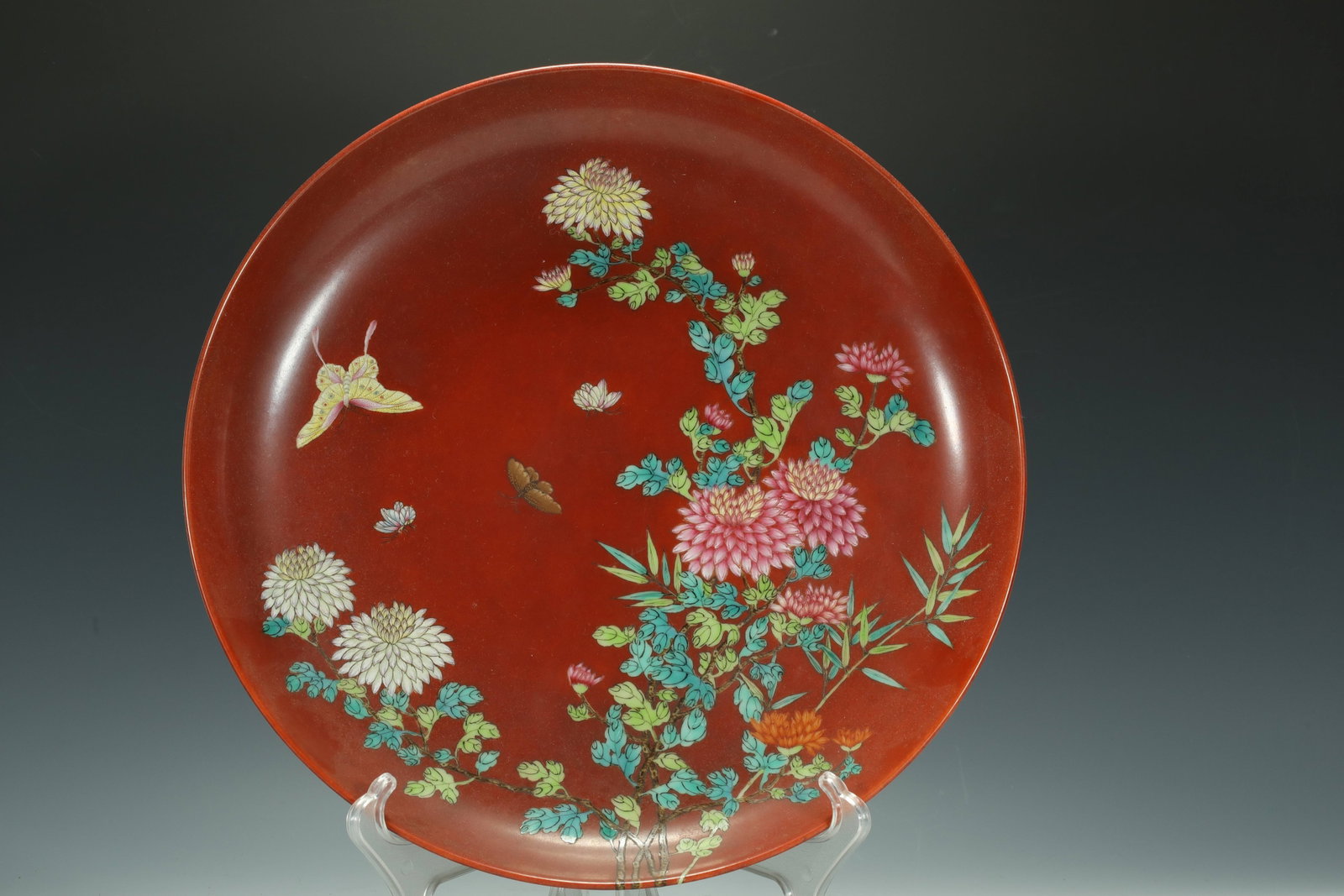 QING DYNASTY RED GLAZED FLORAL PLATE: D:31.5CM