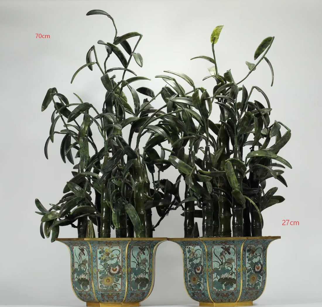 QING DYNASTY CLOISONNE JADE BAMBOO BONSAI: H:70CM L:27CM