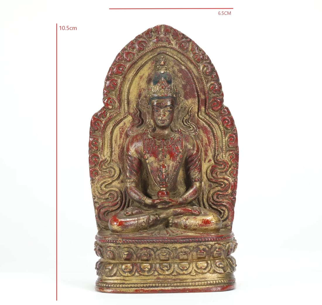 QING DYNASTY GOLD-PLATED CINNABAR MONGOLIAN LONGEVITY BUDDHA: H:11.5CM L:6.5CM