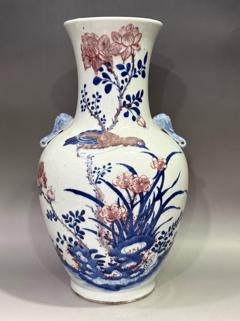 QING DYNASTY BLUE AND WHITE UNDERGLAZE RED FLOWER AND BIRD VASE: H:38.5CM