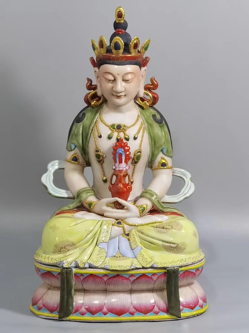 QING DYNASTY ENAMEL LONGEVITY BUDDHA: H:33.5CM L:23CM