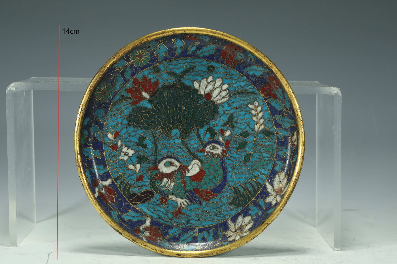 MING DYNASTY CLOISONNE MANDARIN DUCK AND LOTUS PLATE: L:14CM