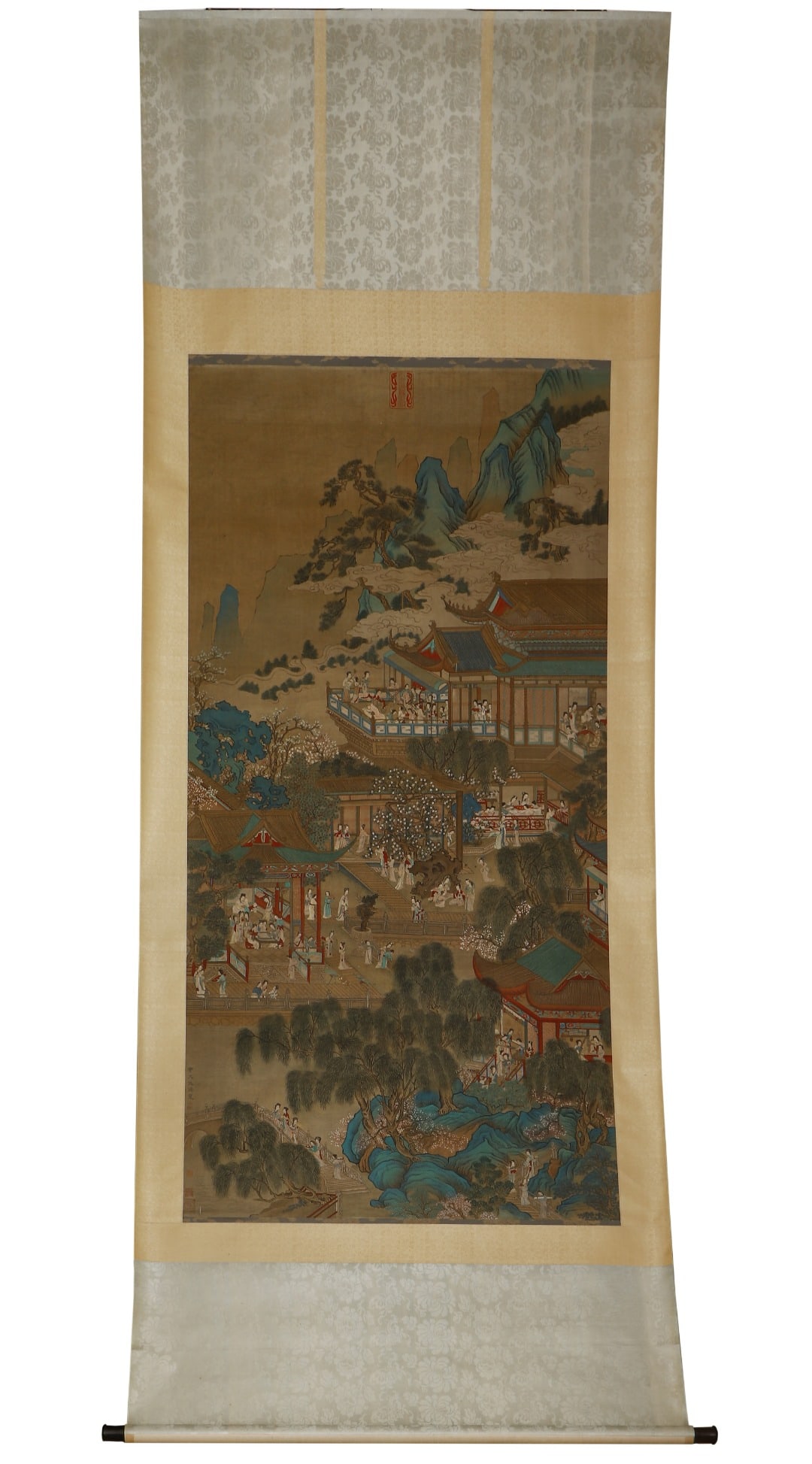 A VERTICAL SCROLL ON SILK BY QIU YING (C. 1498-1552) OF THE MING DYNASTY DEPICTING PAVILIONS AND (1 of 9)