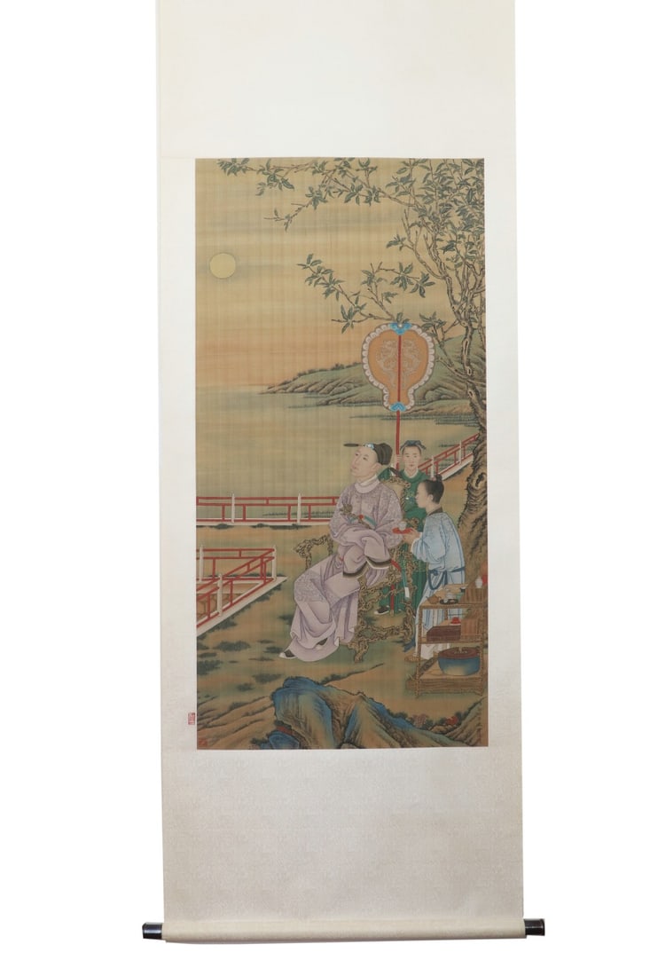 A VERTICAL SCROLL OF FIGURES AND LANDSCAPES ON SILK BY LANG SHINING (1688-1766) OF THE QING DYNASTY: H:134CM (52.76IN) W:65CM (25.60IN) VERTICAL SILK FIGURE LANDSCAPE SCROLL BY GIUSEPPE CASTIGLIONE, DEPICTING AN EMPEROR RELAXING IN A MOONLIT COURTYARD WITH ATTENDANTS, FEATURING EXQUISITE REALISTIC BR