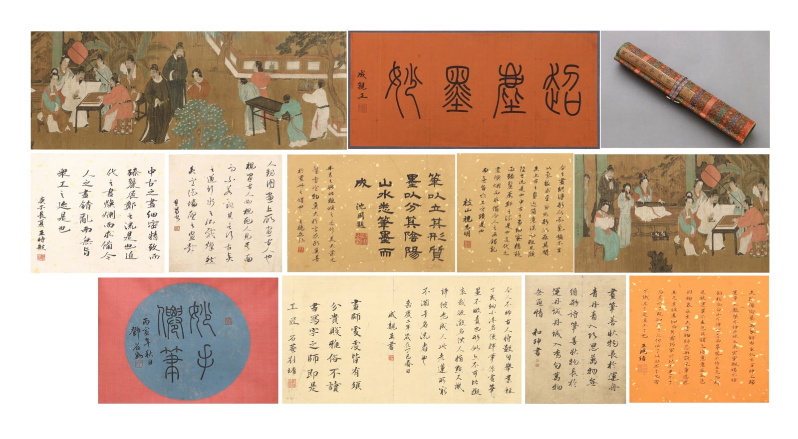 A LONG SCROLL OF THE ELEGANT GATHERING OF LADIES ON SILK BY THE ZHOU DYNASTY OF THE FIVE DYNASTIES: L:685CM (269.69IN) W:44CM (17.32IN) COLOR METICULOUS FIGURE SCROLL ON AGED SILK, INSCRIBED "MADE BY ZHOU WENJU". IT DEPICTS ELEGANT LITERATI AND PALACE LADIES PLAYING GO, PLAYING FLUTE, APPRECIATING P