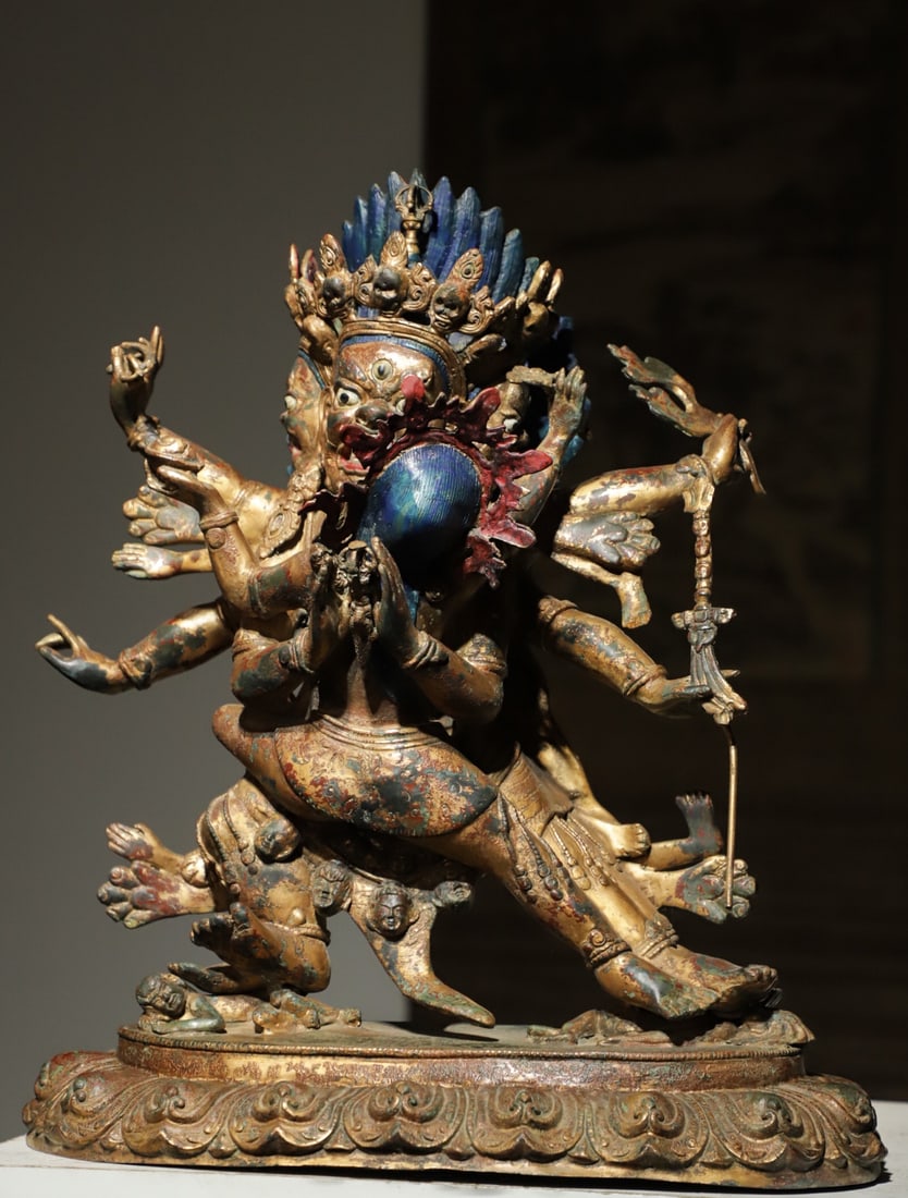 QING DYNASTY GILDED COPPER PUPA VAJRA DOUBLE PRACTICE: WEIGHT:9150G.H:45CML:38CMW:18CM