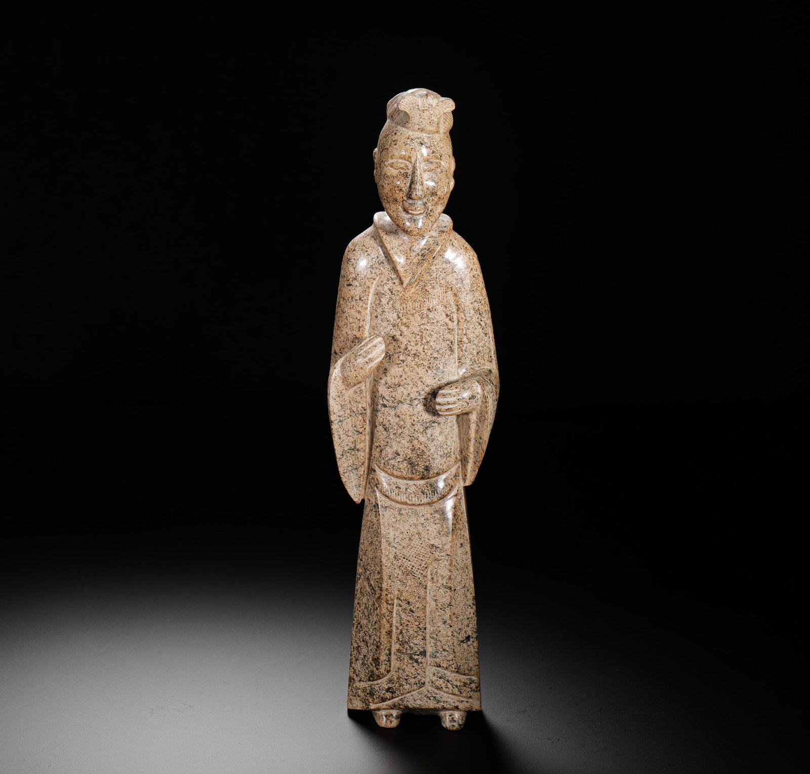 HAN DYNASTY MANQIN WHITE JADE STANDING SCHOLAR FIGURE: H:30CMW:8.5CMWEIGHT:1540GHAN DYNASTY FULLY PATINATED WHITE JADE STANDING CIVIL OFFICIAL FIGURINE, WEARING CROSS-COLLAR ROBE AND OFFICIAL TOPKNOT, COVERED IN MOTTLED AGED MINERAL PATINA ALL OVER, WITH 