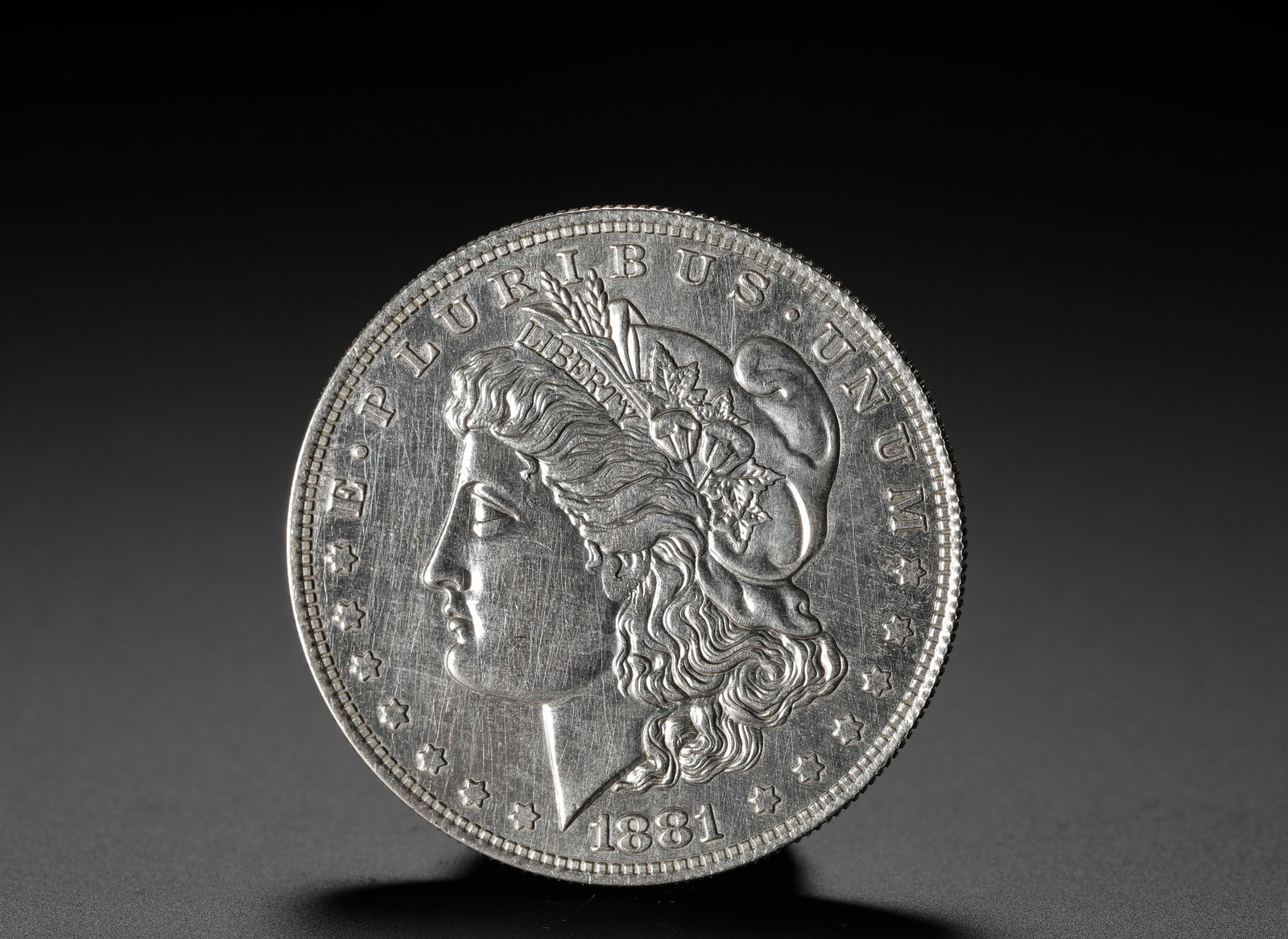 AMERICAN SILVER DOLLAR: D:3.9CM (1.54IN) WEIGHT:27G (0.06LB) OBVERSE FEATURES LADY LIBERTY??S PROFILE; REVERSE DEPICTS A HERALDIC BALD EAGLE. ONE OF THE MOST ICONIC CIRCULATING COINS OF 19TH-CENTURY AMERICA.