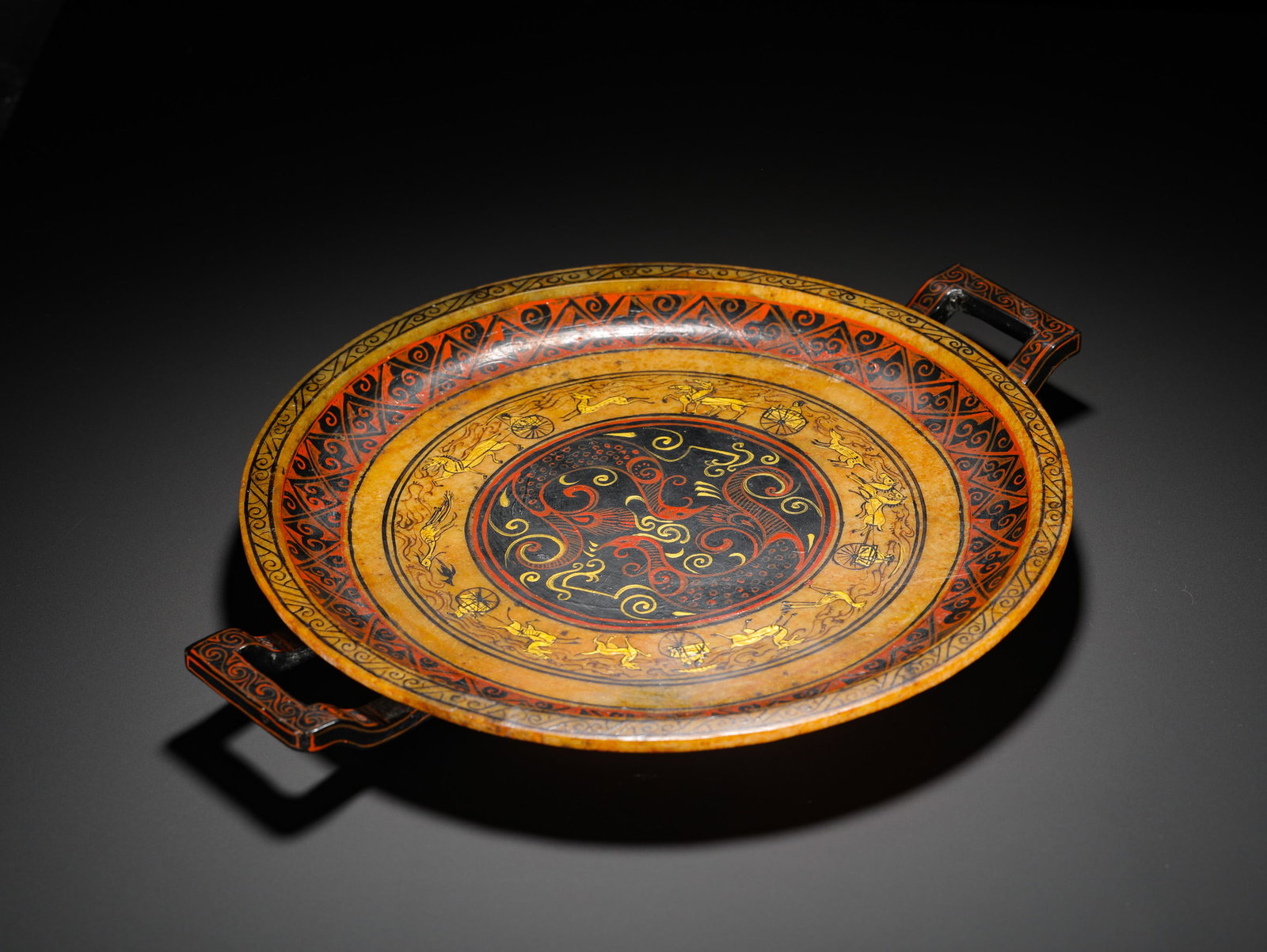 HAN DYNASTY JADE BODY GILDED AND PAINTED DOUBLE-HANDLED PLATE (1 of 10)