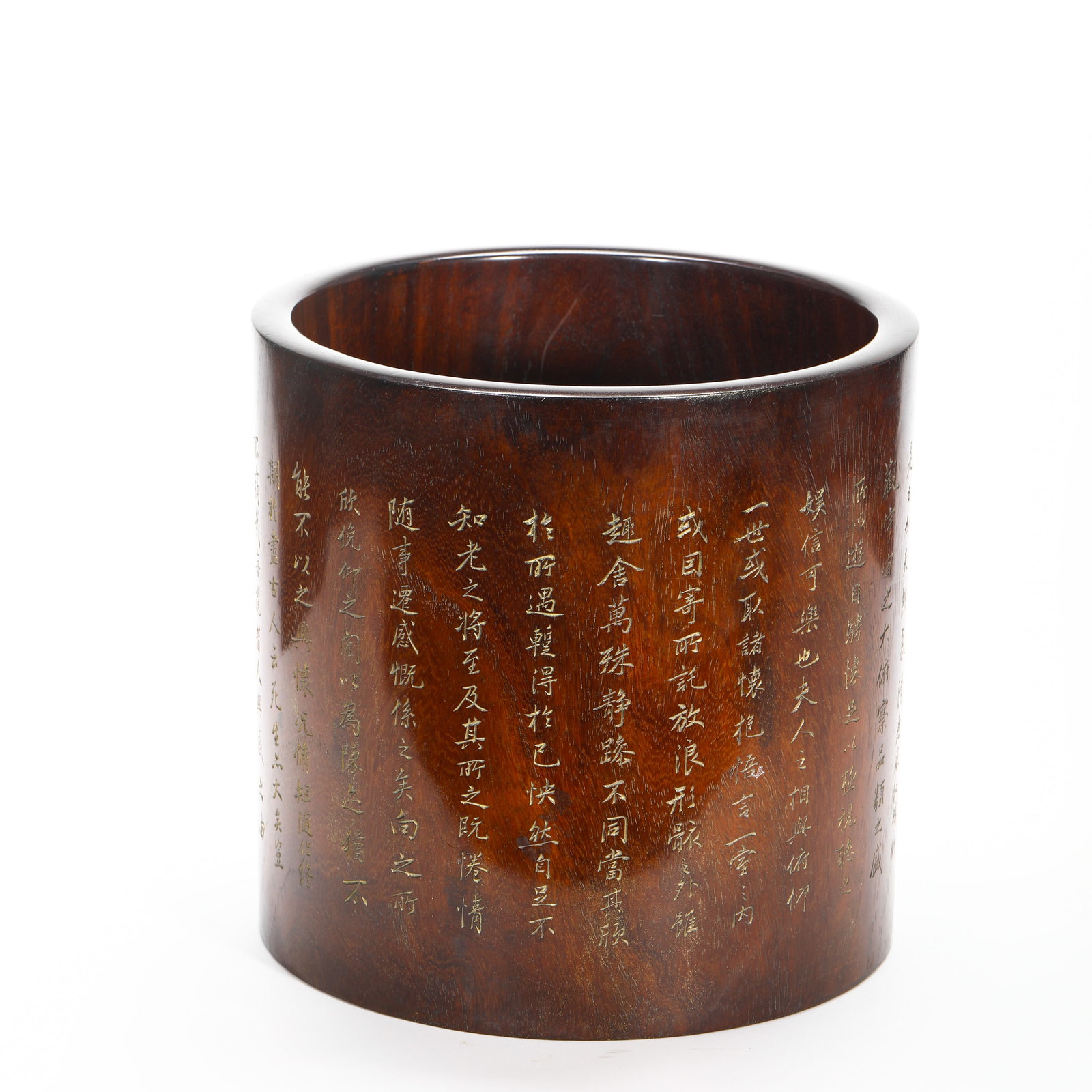 QING DYNASTY HUANGHUALI ENGRAVED PEN HOLDER OF THE POEM "LANTING XU": HEIGHT:25CM (9.84IN) DIAMETER:25CM (9.84IN) WEIGHT:3400G (7.49LB) HUANGHUALI WHOLE WOOD BRUSH POT OF QING SCHOLAR??S ??STUDIO, STRAIGHT TUBE SHAPE WITH SMOOTHLY POLISHED RIM AND BASE. COVERED IN NATUR