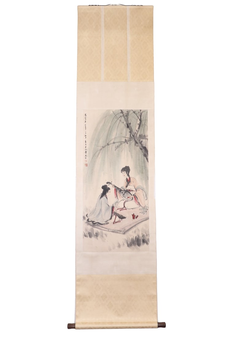 FU BAOSHI (1904-1965), "PLAYING THE ZITHER IN THE SHADE OF WILLOWS" ON A VERTICAL SCROLL: L:94CM (37.01IN) W:43CM (16.93IN) THIS VERTICAL SCROLL OF ANCIENT BEAUTIES WITH PIPA ON PAPER WAS PAINTED BY FU BAOSHI IN 1964. IT DEPICTS TWO LADIES IN TRADITIONAL ROBES SITTING LEISURELY UNDER WEEPI
