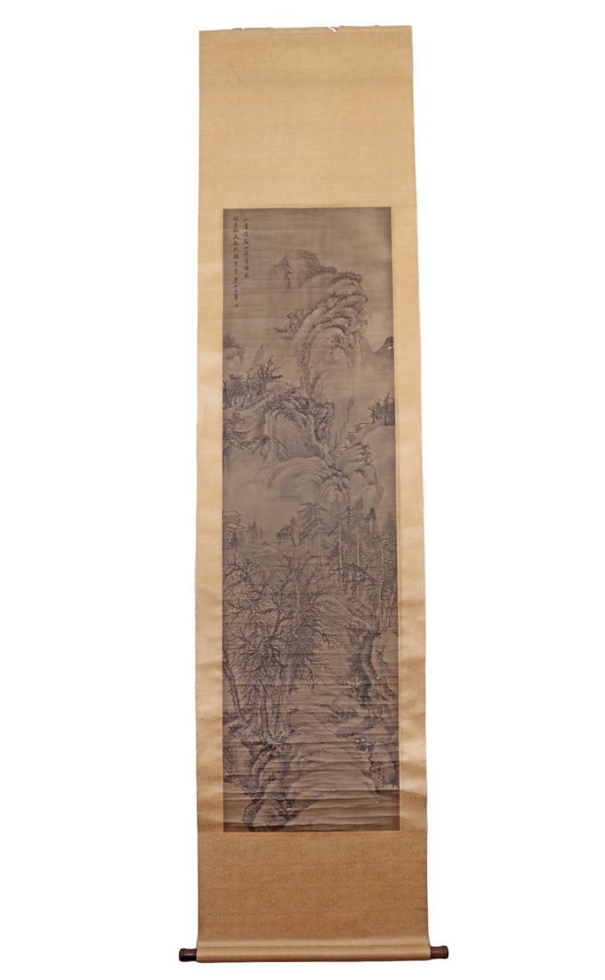 WANG HUI (1632-1717) OF THE QING DYNASTY (1632-1717) SILK INK LANDSCAPE PAINTING: L:175CM (68.90IN) W:48CM (18.90IN) x2THIS VERTICAL INK LANDSCAPE SCROLL ON SILK IS PAINTED BY WANG HUI. IT DEPICTS AN AUTUMN MOUNTAIN DWELLING WITH ROCKY PEAKS AND BARE WINTER WOODS, RENDERED WITH DEL