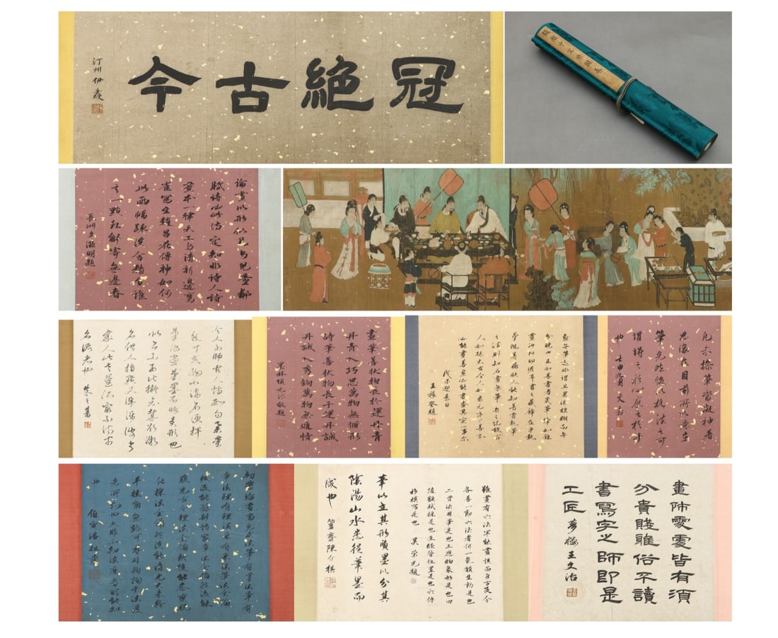 A LONG SCROLL OF THE NIGHT REUNIONS OF HAN XIZAI BY GU HONGZHONG OF THE FIVE DYNASTIES: L:630CM (248.03IN) W:45CM (17.32IN) HANDSCROLL OF THE NIGHT REVELS OF HAN XIZAI BY GU HONGZHONG, WITH FRONTISPIECE INSCRIBED BY YI BINGSHOU AND COLOPHONS BY NUMEROUS ANCIENT MASTERS INCLUDING WEN ZHEN